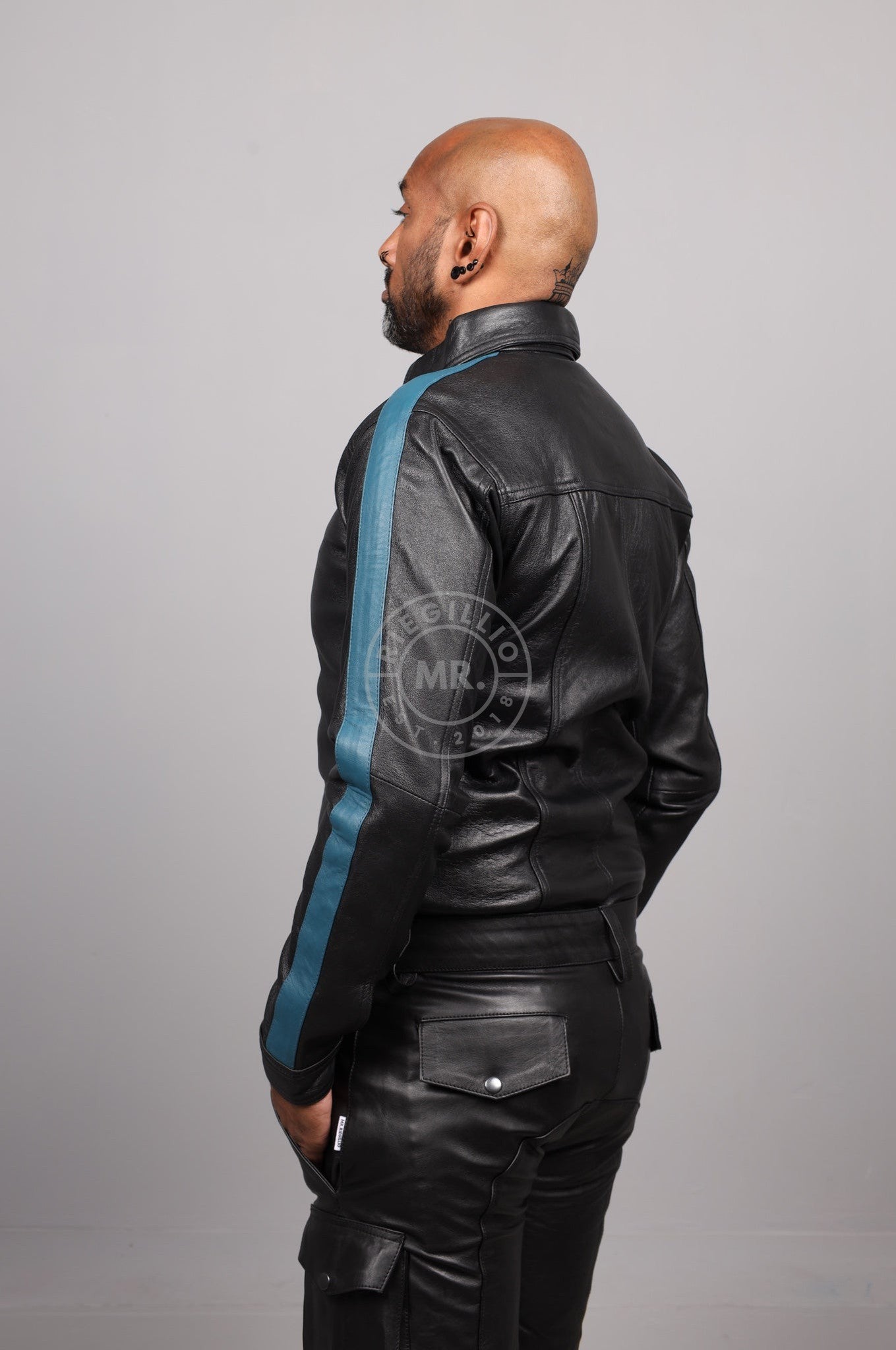 Black Leather Shirt Long Sleeves - Jeans Blue Taping at MR. Riegillio