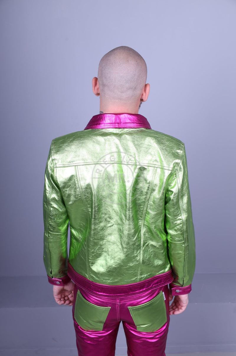 Green Metallic Leather Trucker Jacket at MR. Riegillio