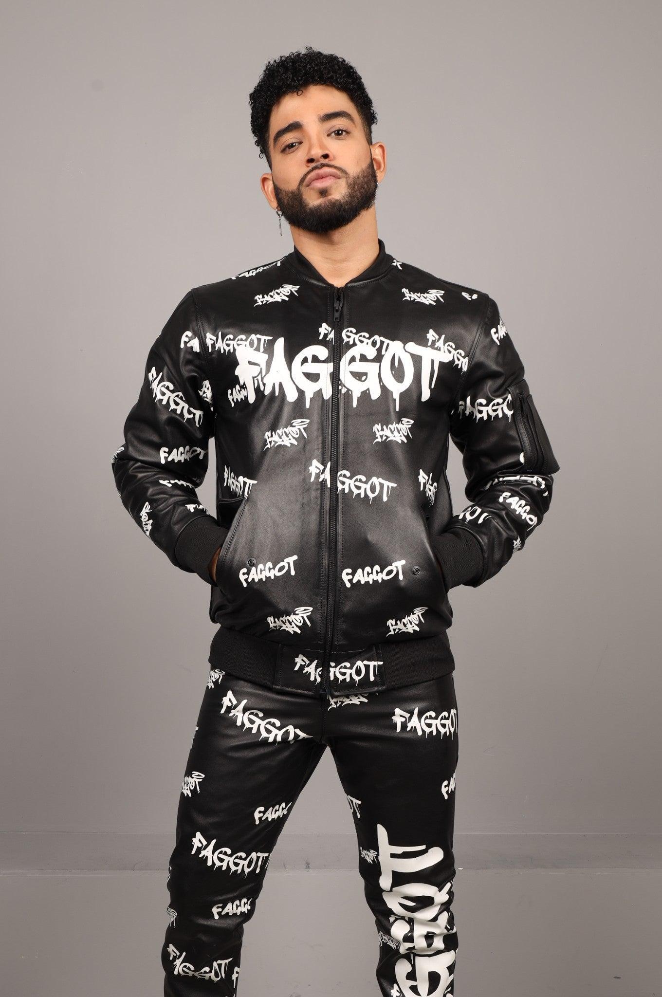 Black Leather Bomber Jacket - FAGGOT at MR. Riegillio