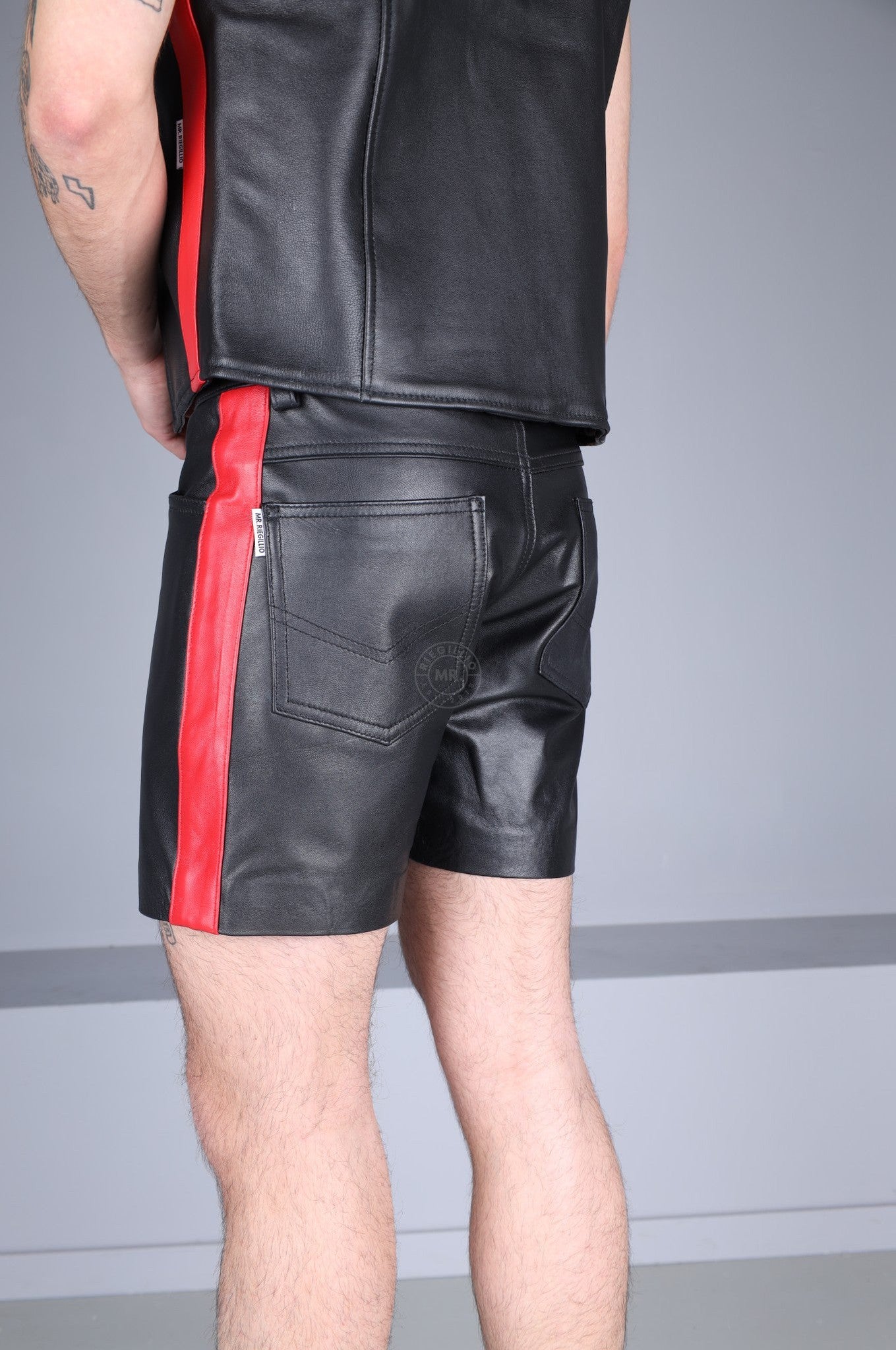 Black Leather 5 Pocket Short - Red Stripe at MR. Riegillio