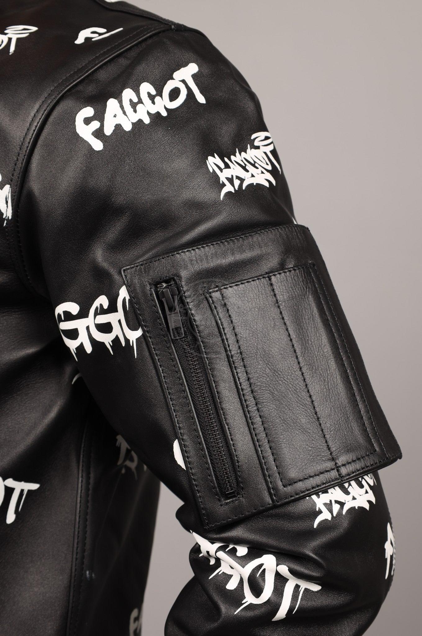 Black Leather Bomber Jacket - FAGGOT at MR. Riegillio