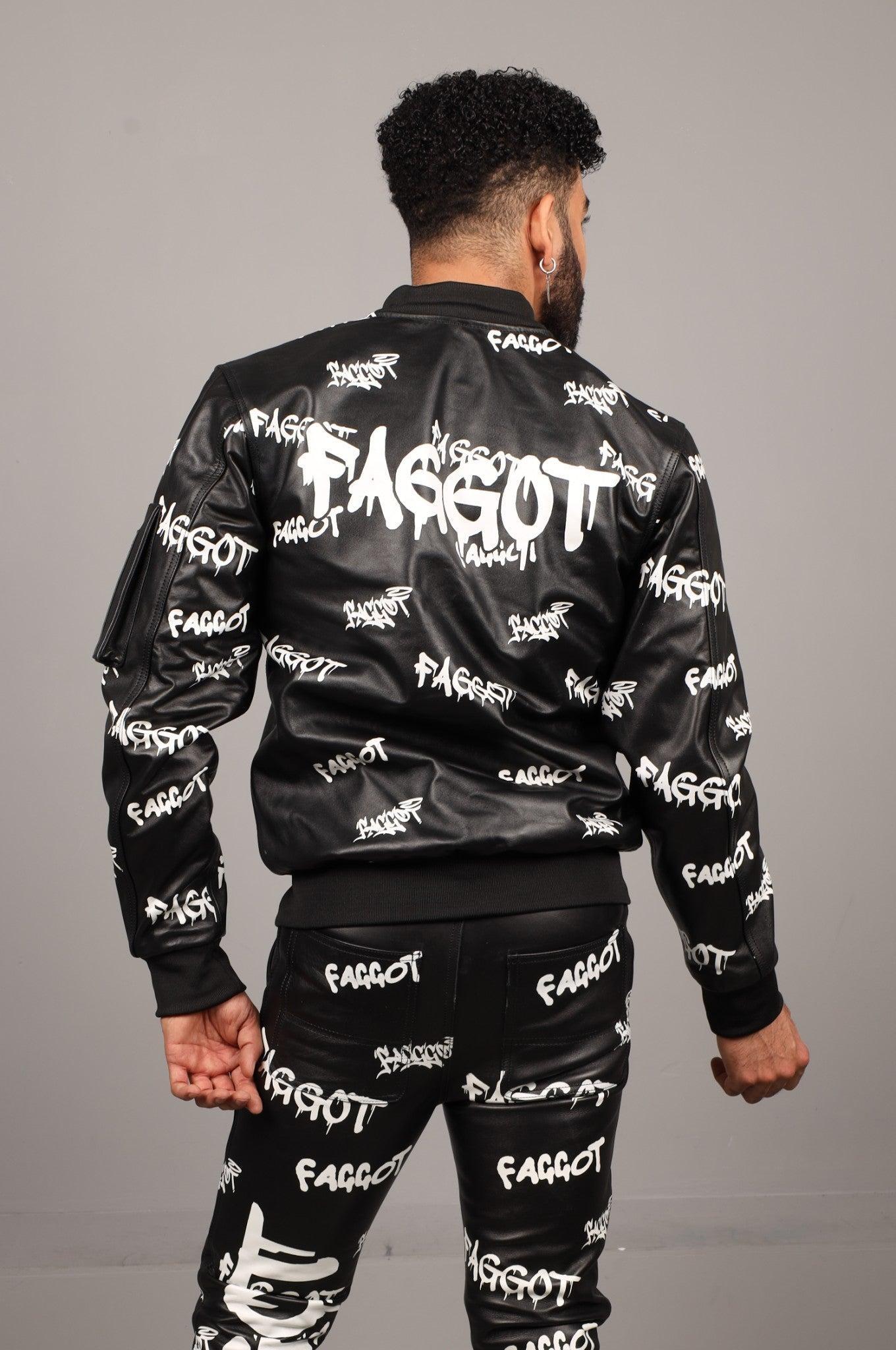 Black Leather Bomber Jacket - FAGGOT at MR. Riegillio