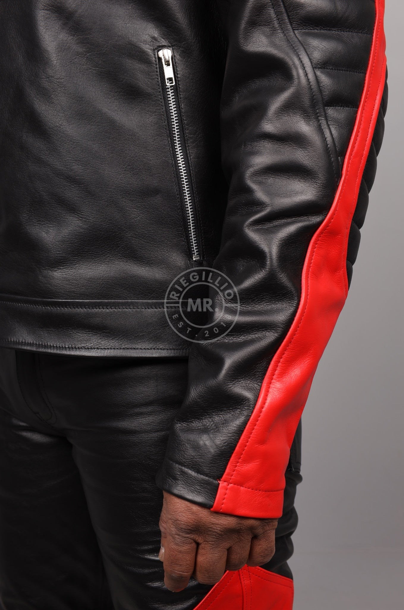 Black Leather Jacket - Red & White Panels at MR. Riegillio