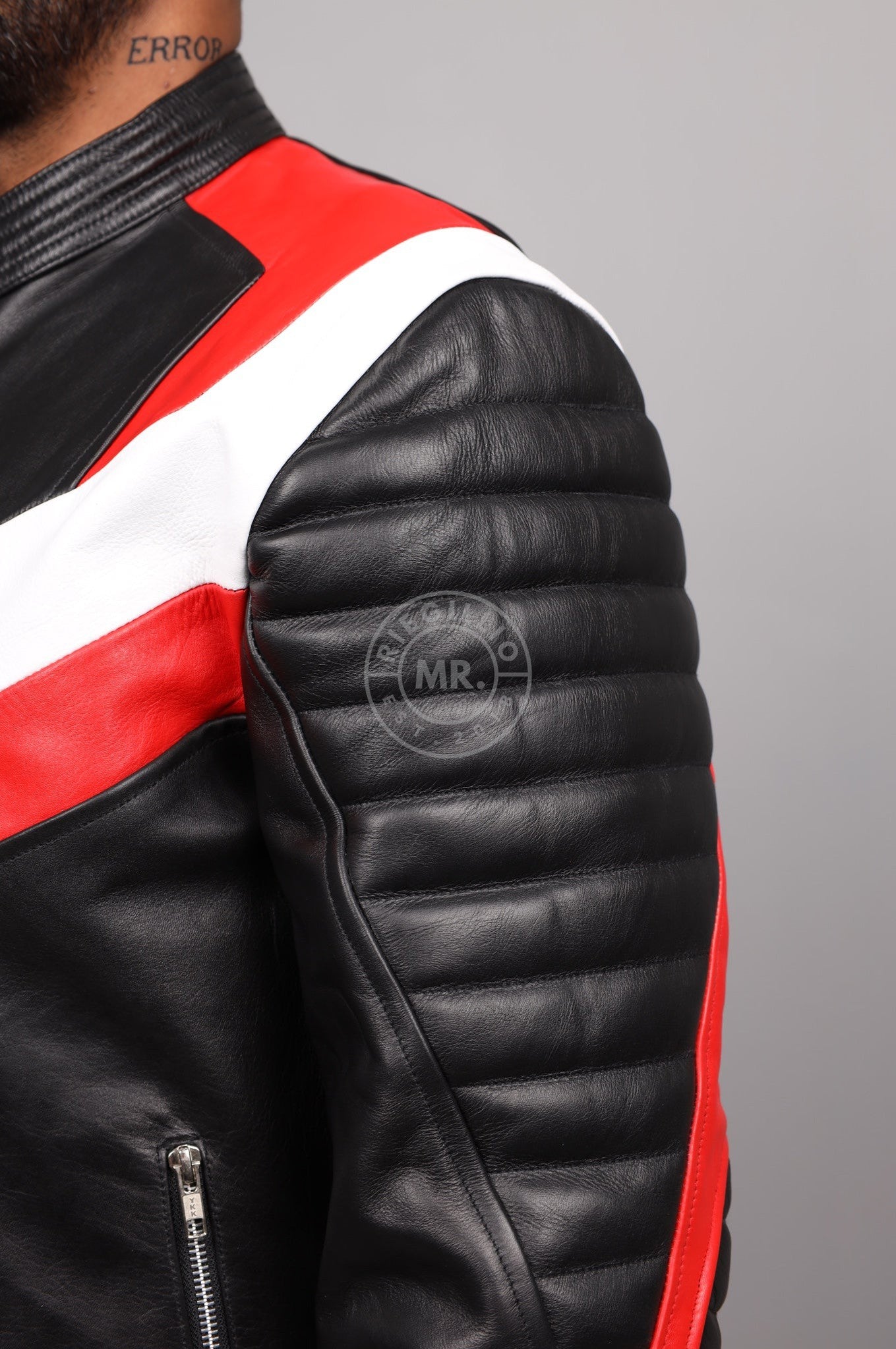 Black Leather Jacket - Red & White Panels at MR. Riegillio