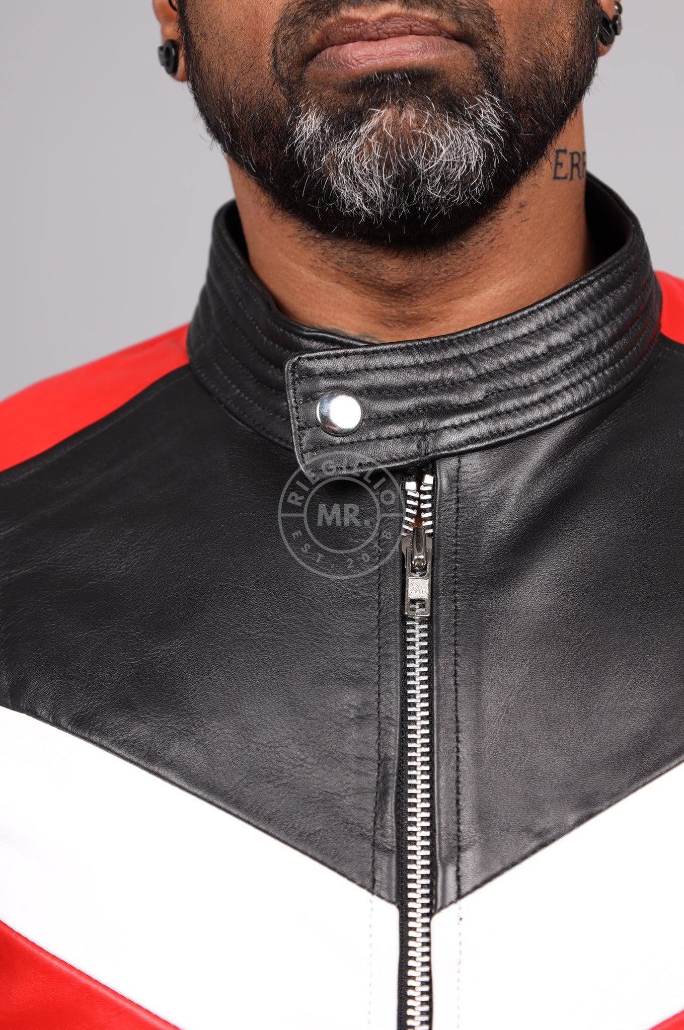 Black Leather Jacket - Red & White Panels at MR. Riegillio