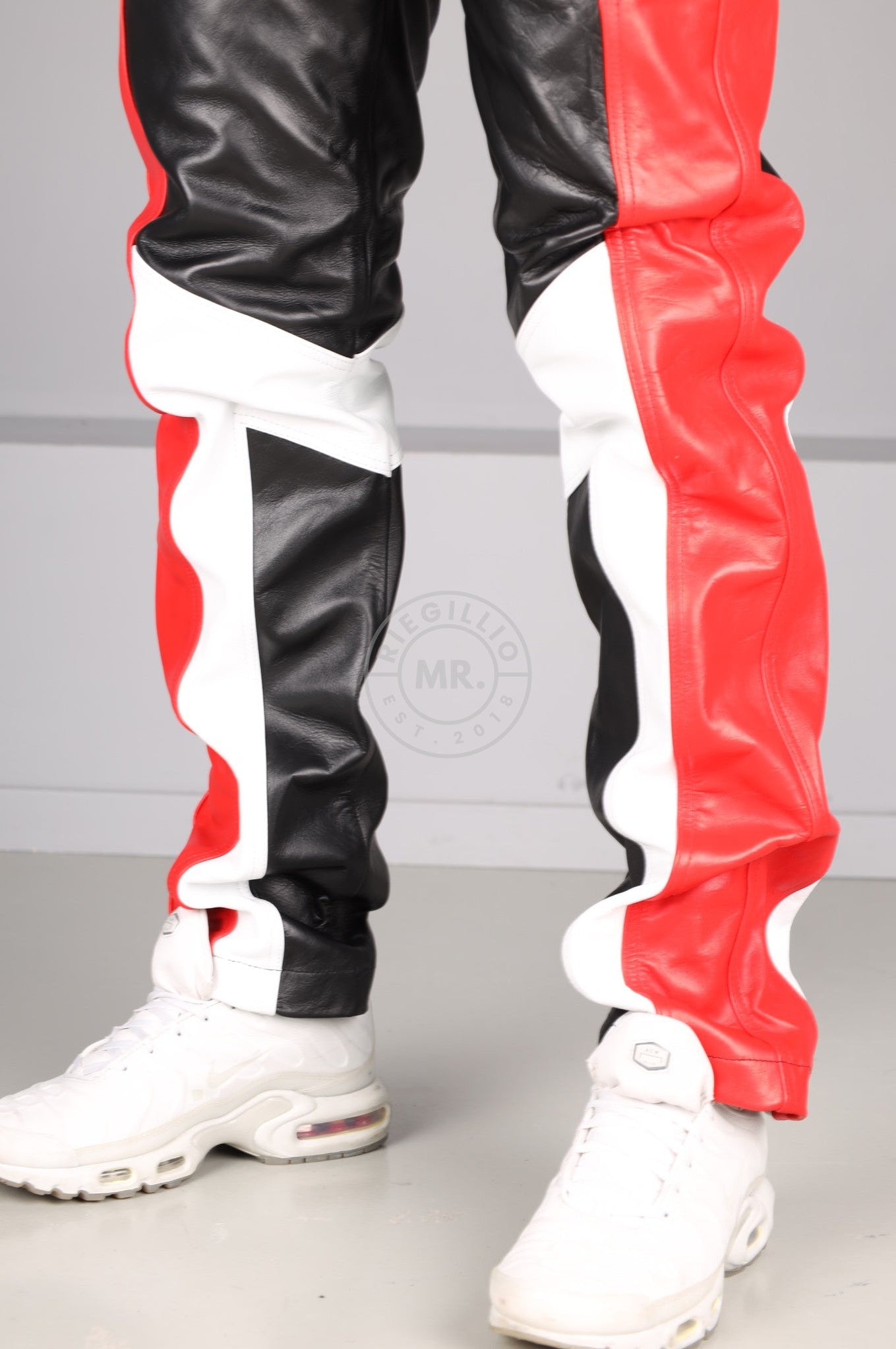 Black Leather 5 Pocket Pants - Red & White Panels at MR. Riegillio