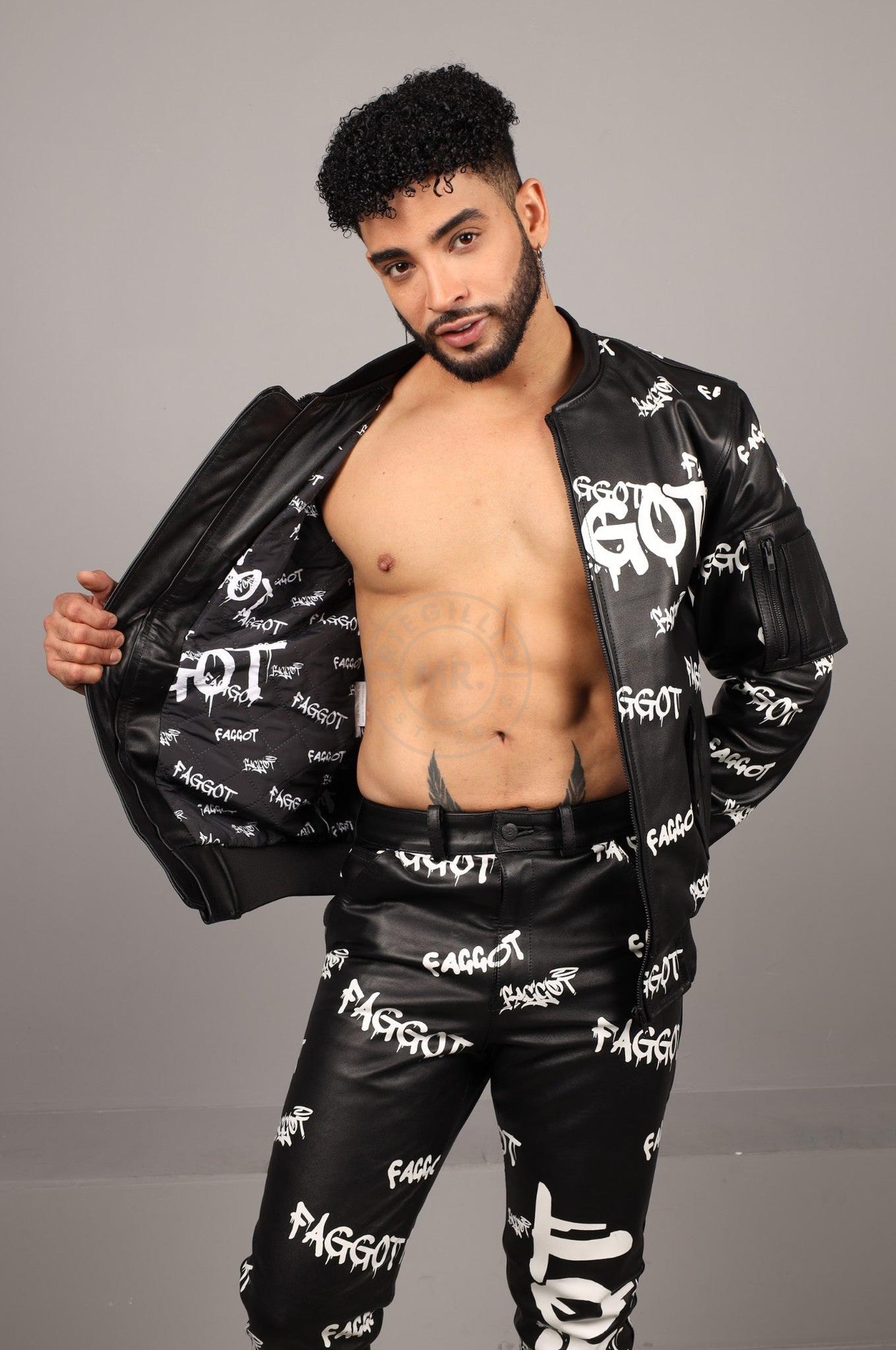 Black Leather Bomber Jacket - FAGGOT at MR. Riegillio