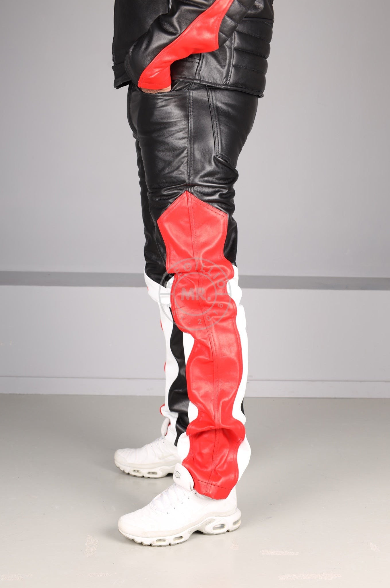 Black Leather 5 Pocket Pants - Red & White Panels at MR. Riegillio