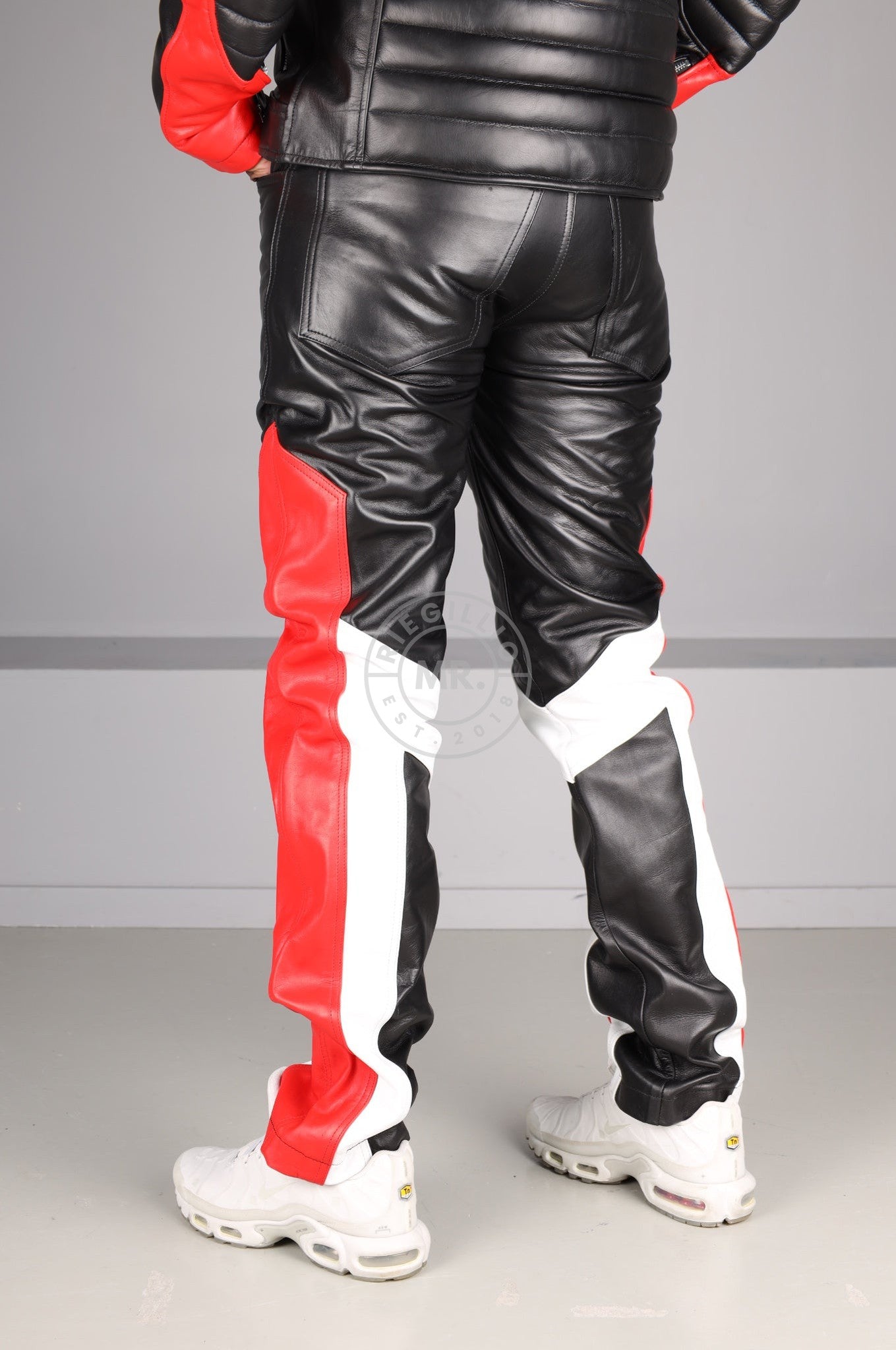 Black Leather 5 Pocket Pants - Red & White Panels at MR. Riegillio