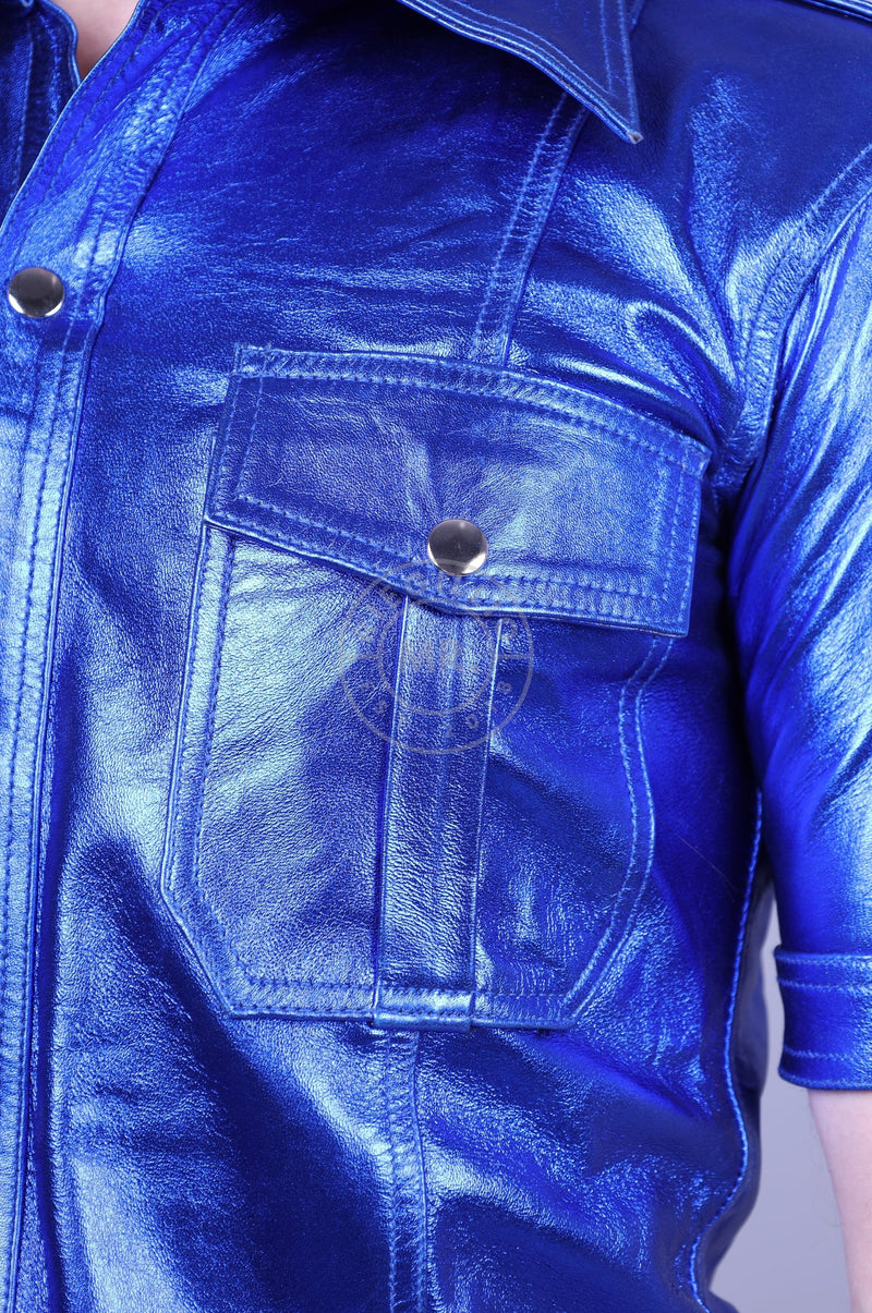 Blue Metallic Leather Shirt at MR. Riegillio