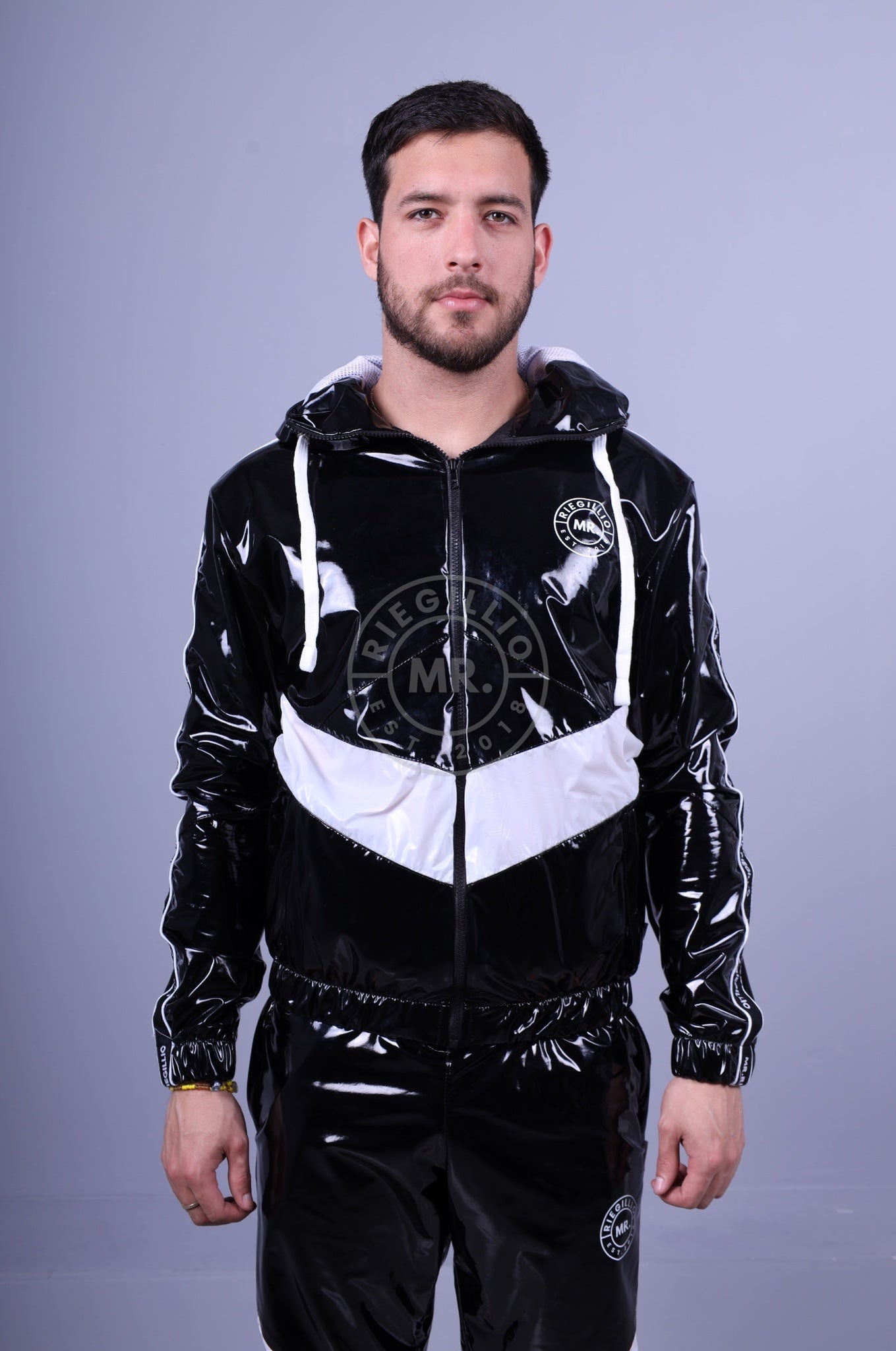 Black PVC Tracksuit Jacket - Nylon Panels by MR. Riegillio