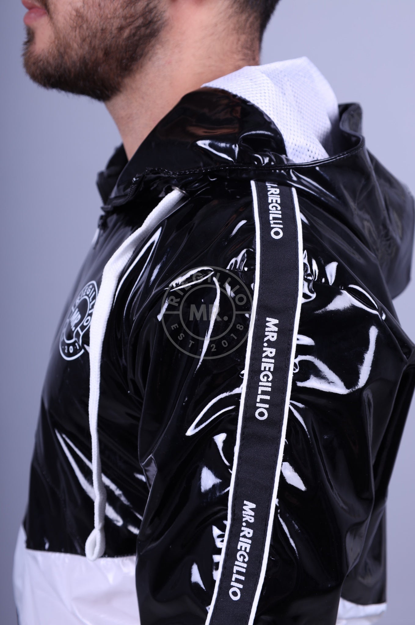 Black PVC Tracksuit Jacket - Nylon Panels-at MR. Riegillio