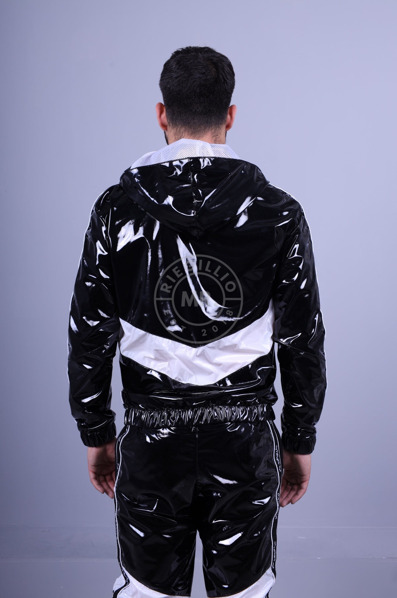 Black PVC Tracksuit Jacket - Nylon Panels-at MR. Riegillio