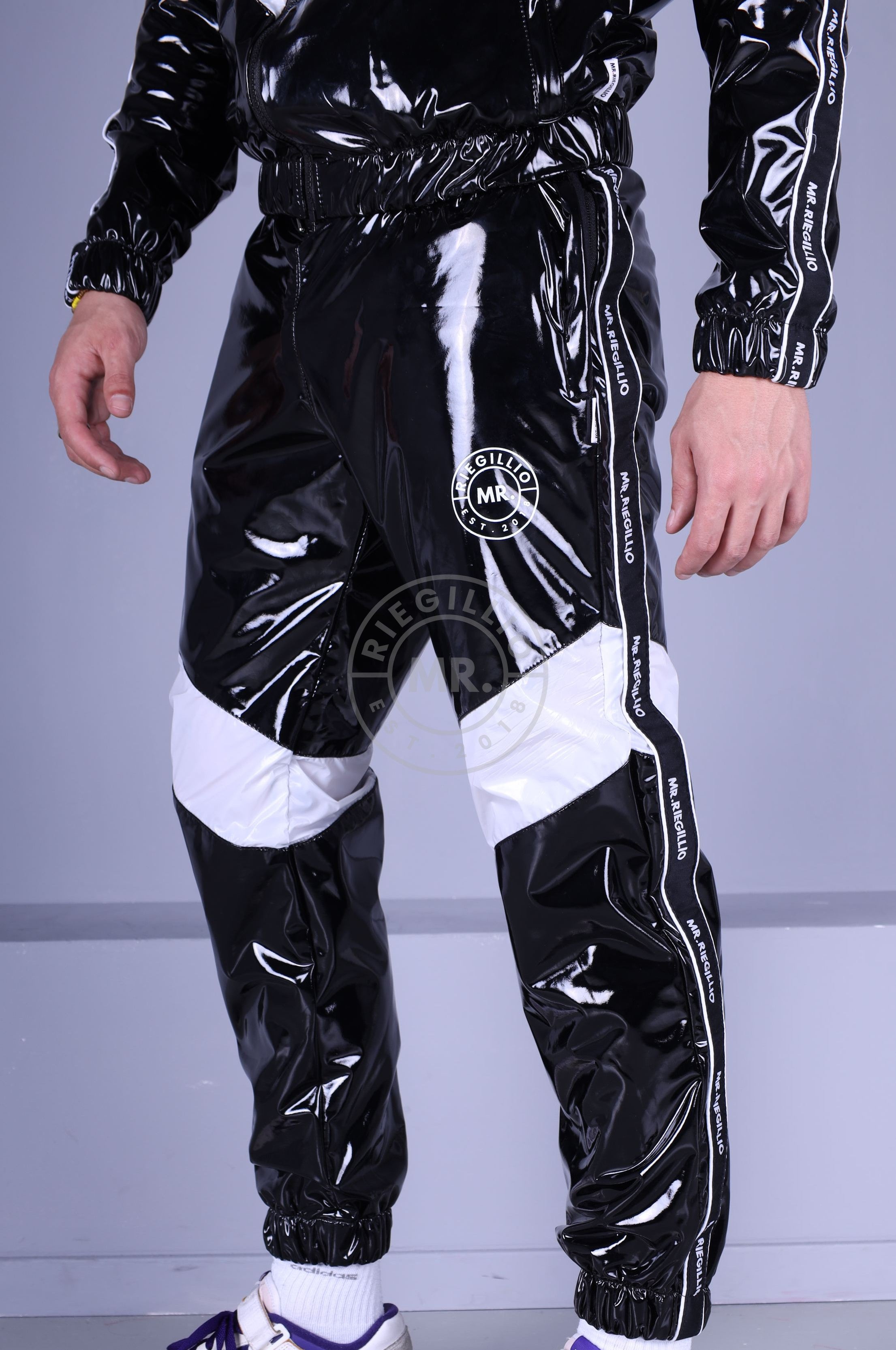 Black PVC Tracksuit Pants - Nylon Panels