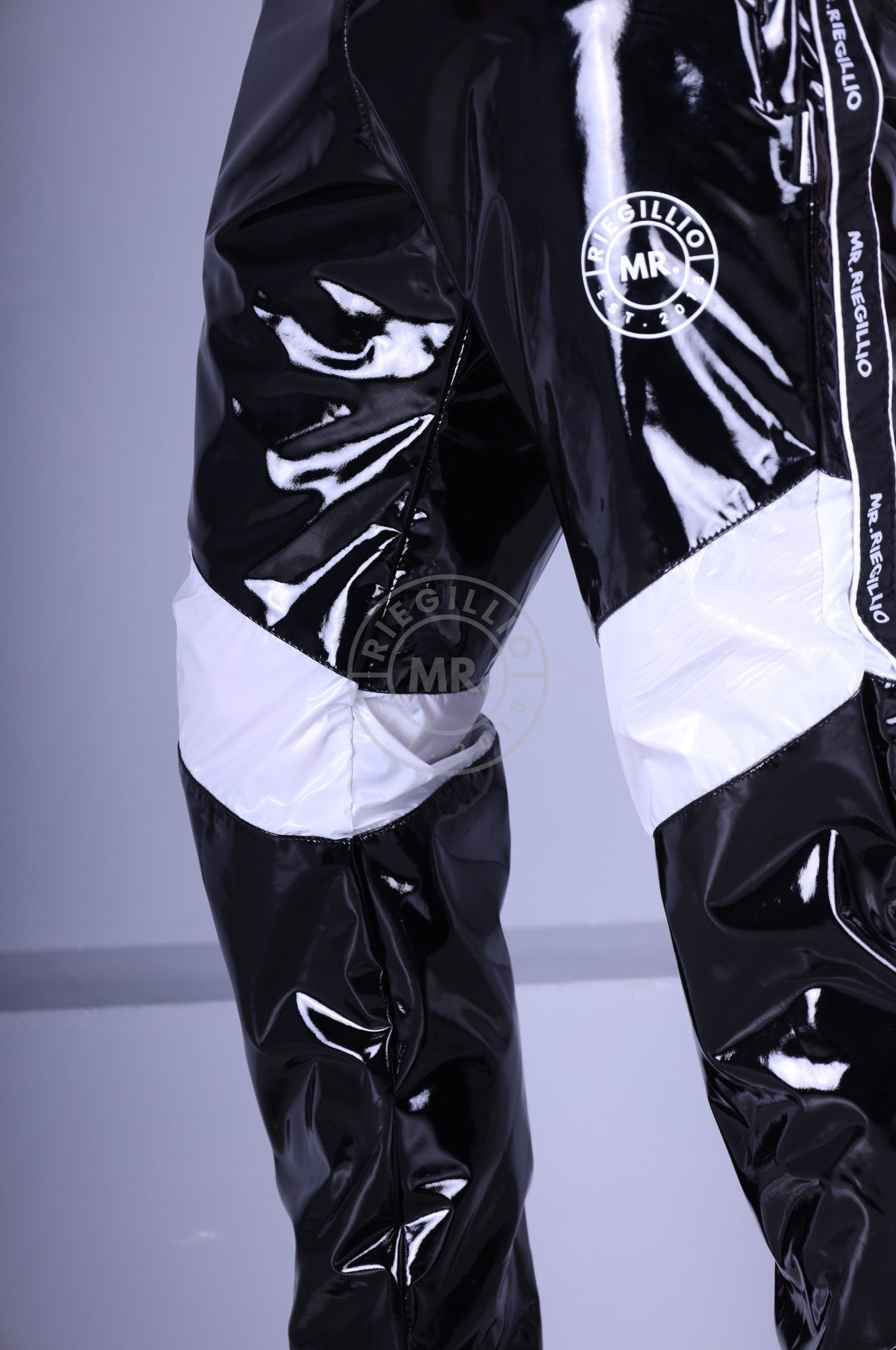 Black PVC Tracksuit Pants - Nylon Panels at MR. Riegillio