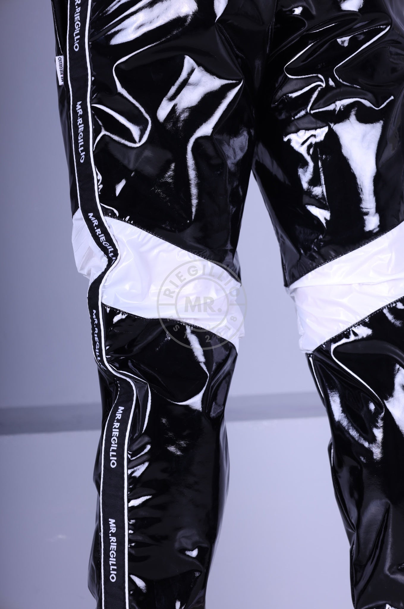 Black PVC Tracksuit Pants - Nylon Panels at MR. Riegillio
