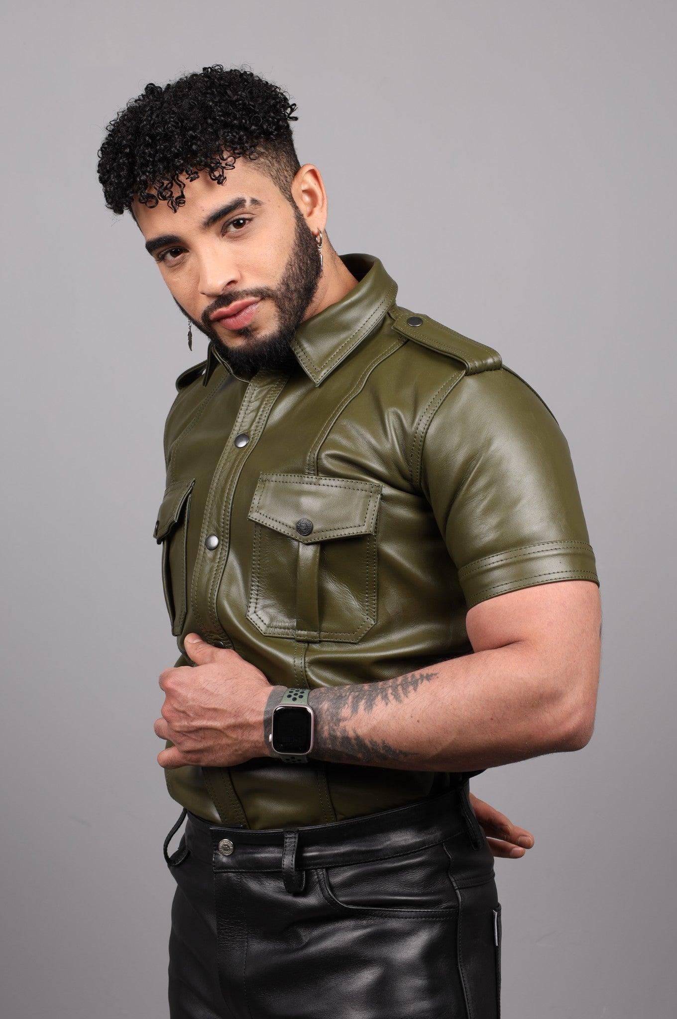 Army Green Leather Shirt at MR. Riegillio