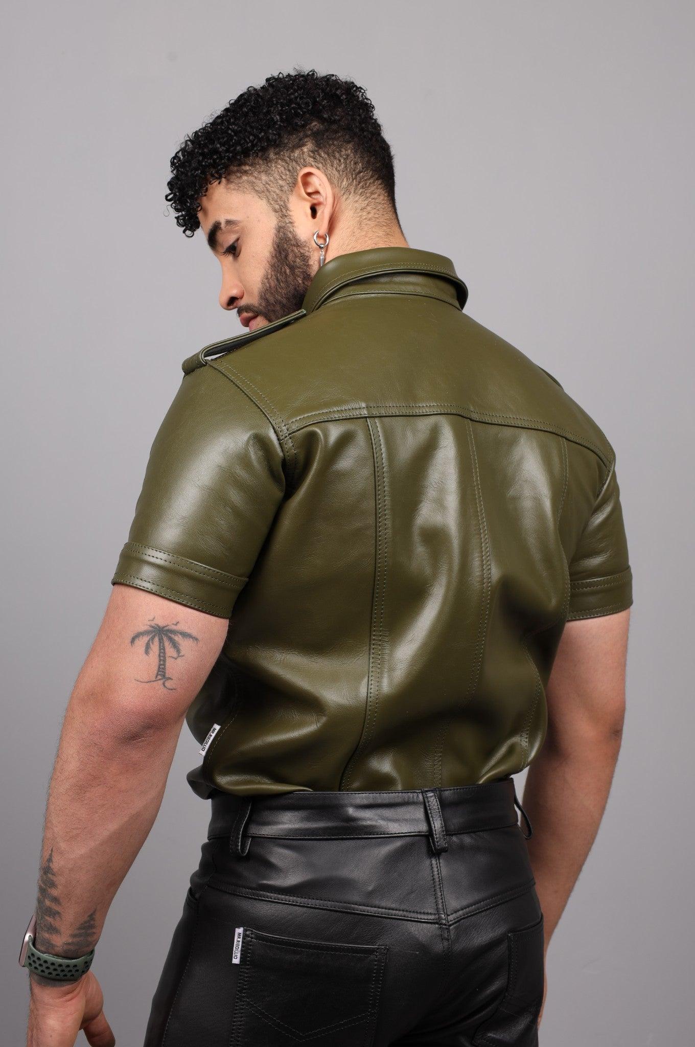 Army Green Leather Shirt at MR. Riegillio