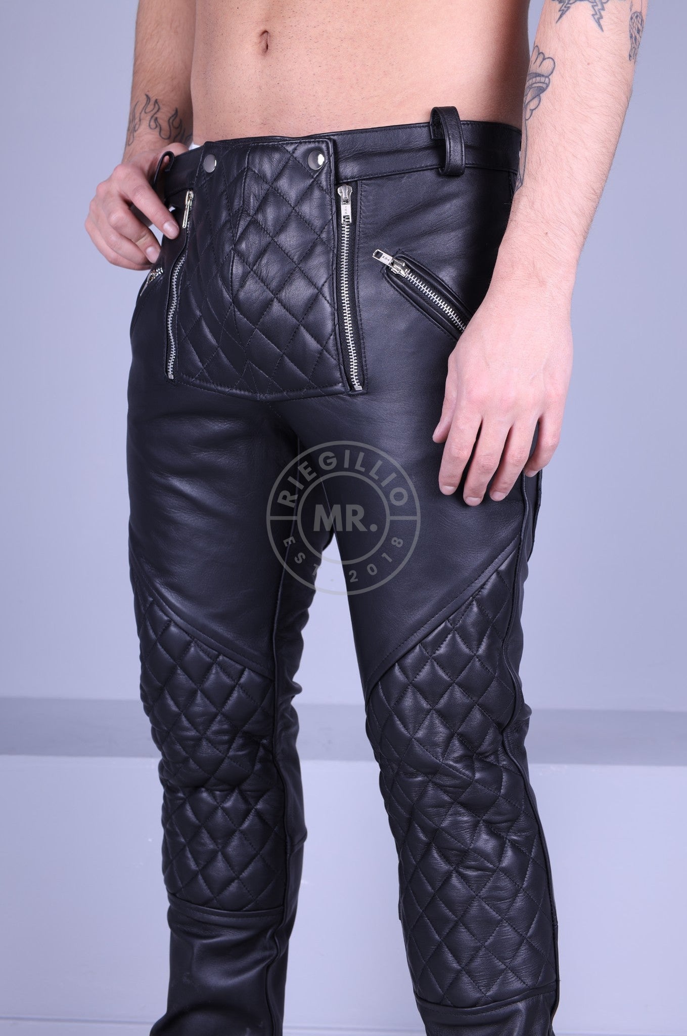 Leather Padded Front Zipper Pants-at MR. Riegillio