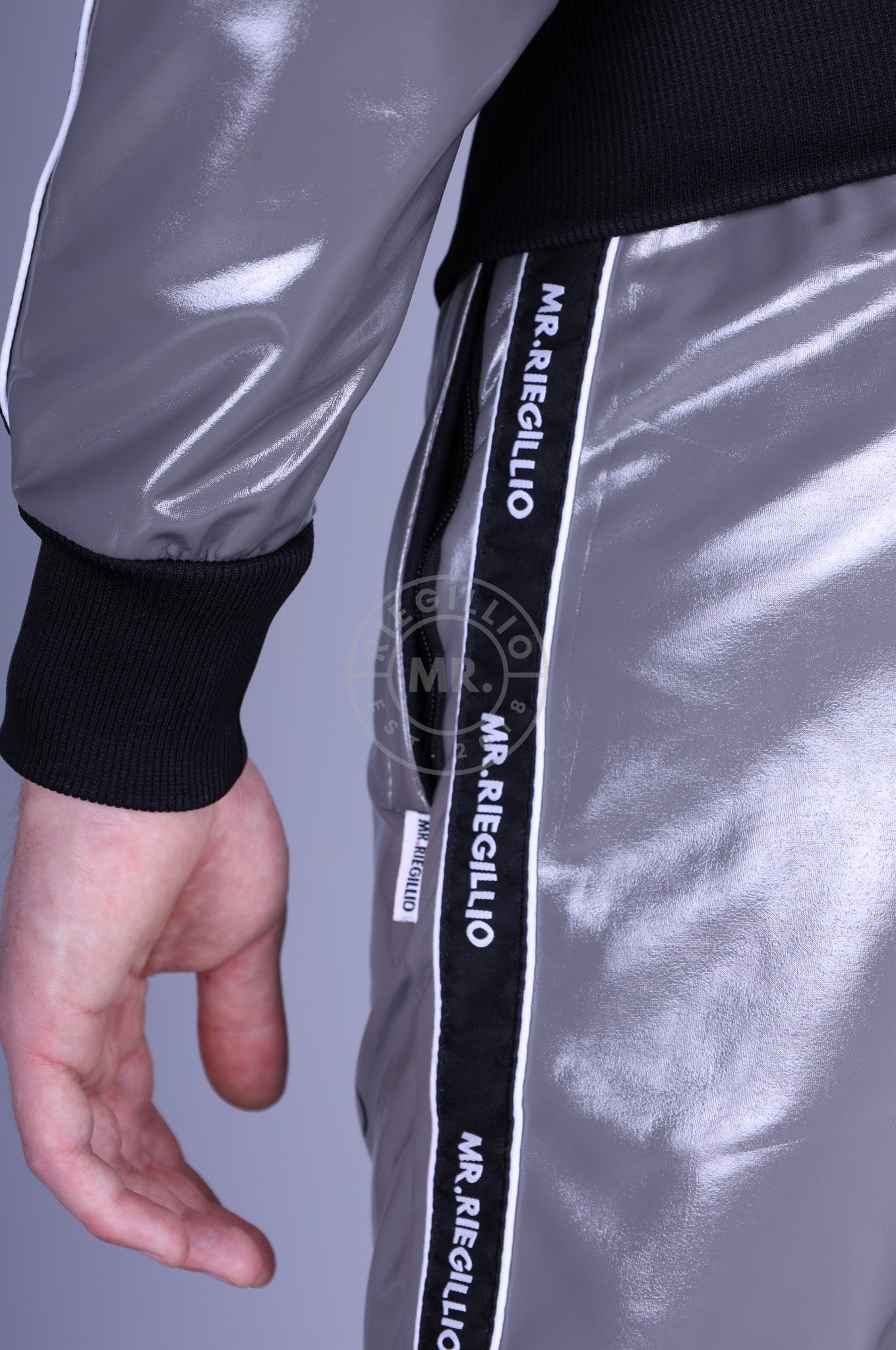 Grey PVC Tracksuit Pants - Logo Trim at MR. Riegillio