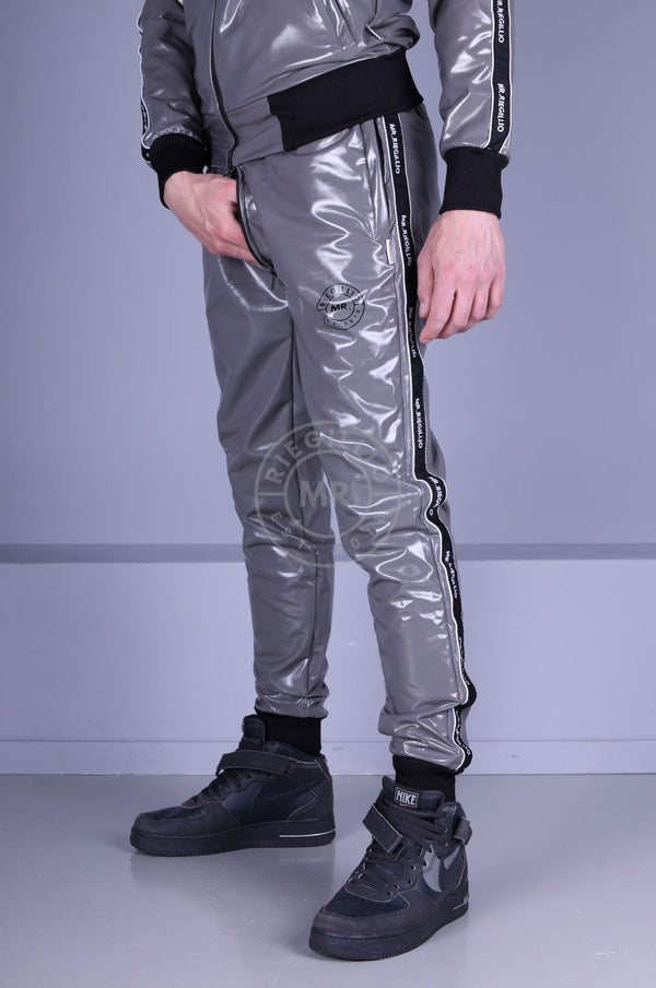 Grey PVC Tracksuit Pants - Logo Trim at MR. Riegillio