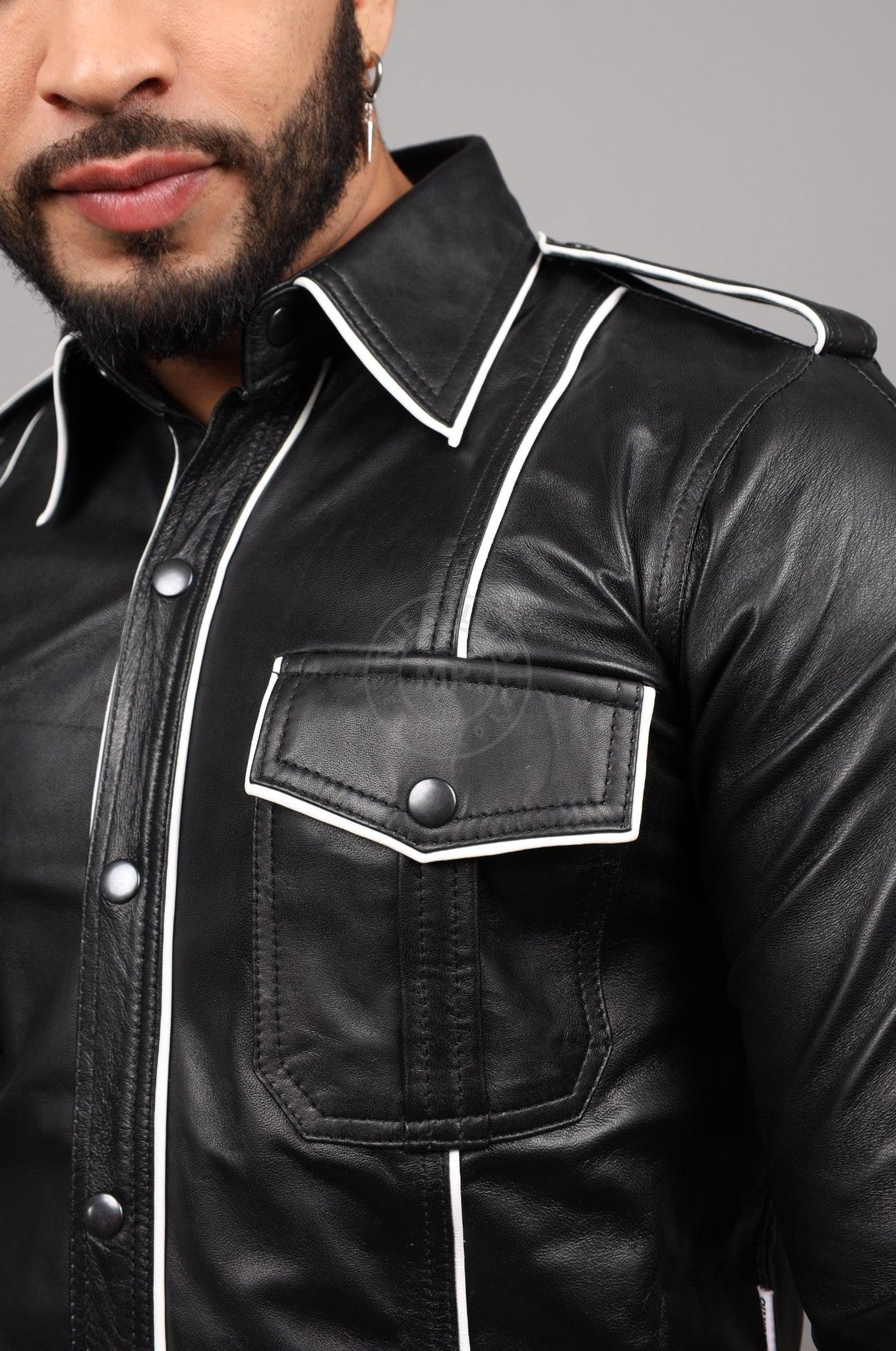 Black Leather Shirt Long Sleeves - White Piping at MR. Riegillio