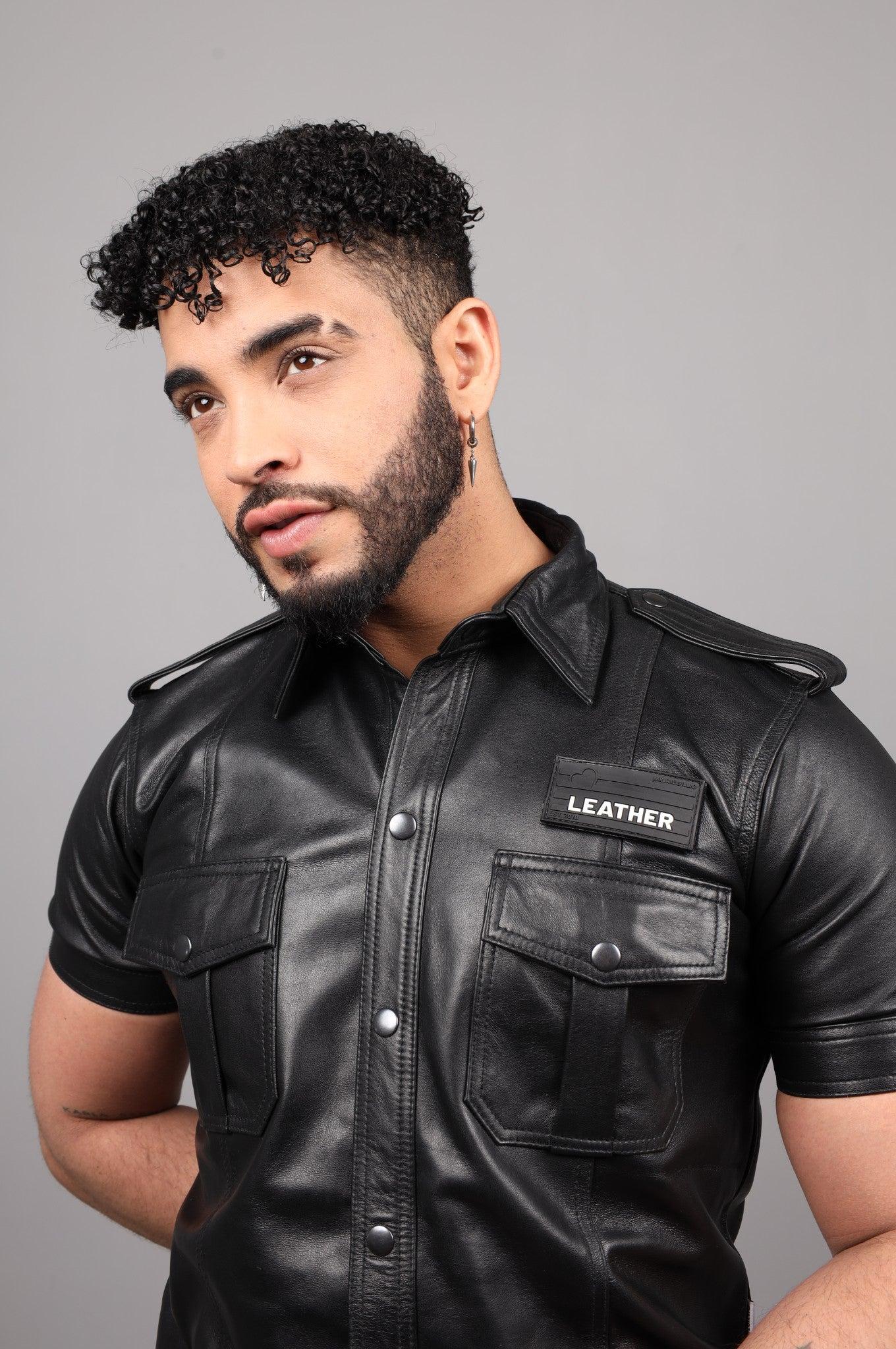 Black Leather Shirt - Velcro Patch 2.0 at MR. Riegillio