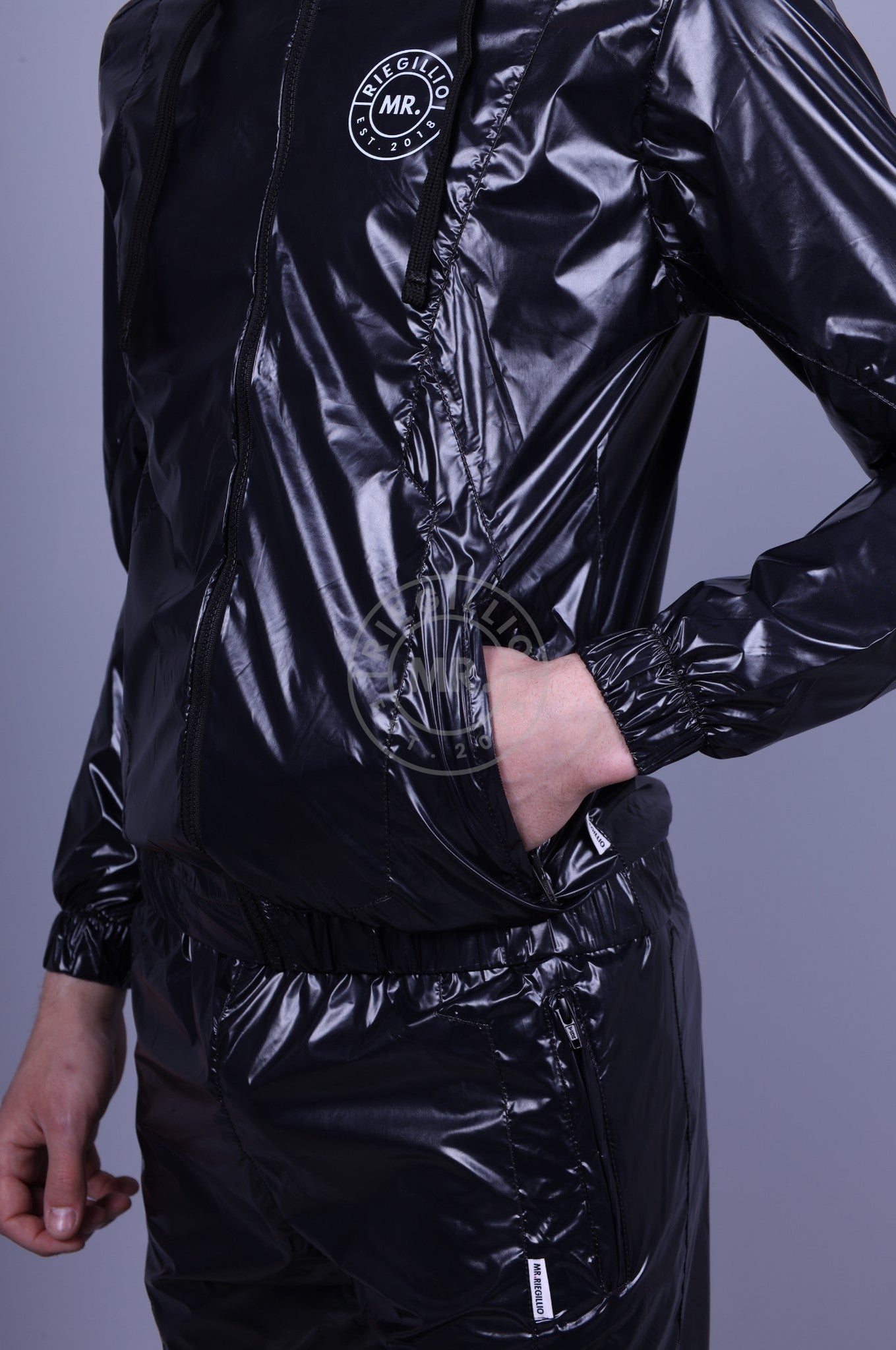 Shiny Nylon Tracksuit Jacket - Black at MR. Riegillio
