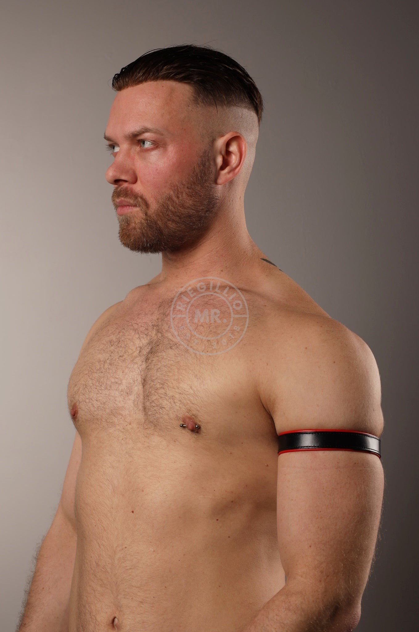 Black Leather Bicep Armband - Snap - Red at MR. Riegillio