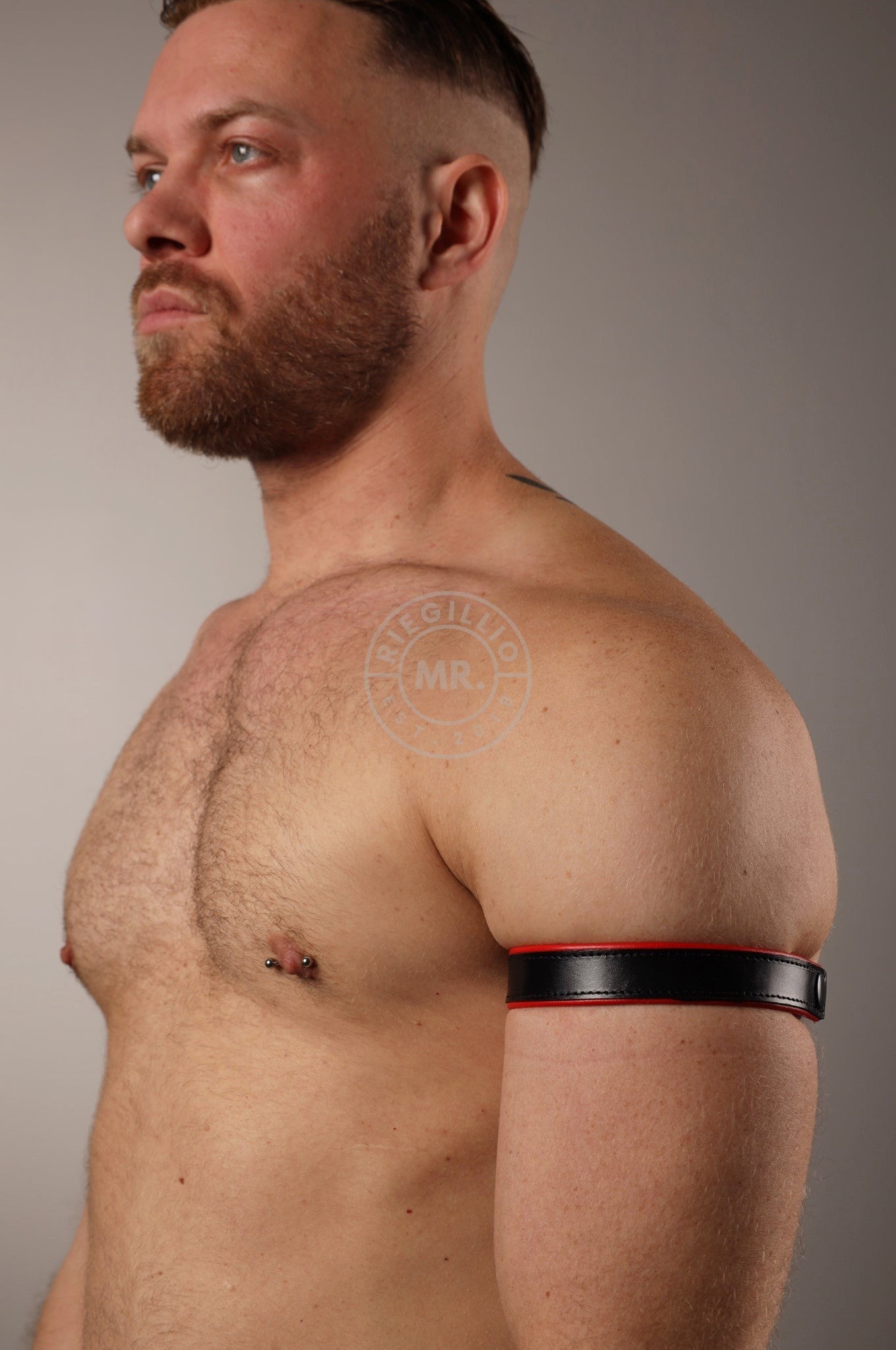 Black Leather Bicep Armband - Snap - Red at MR. Riegillio