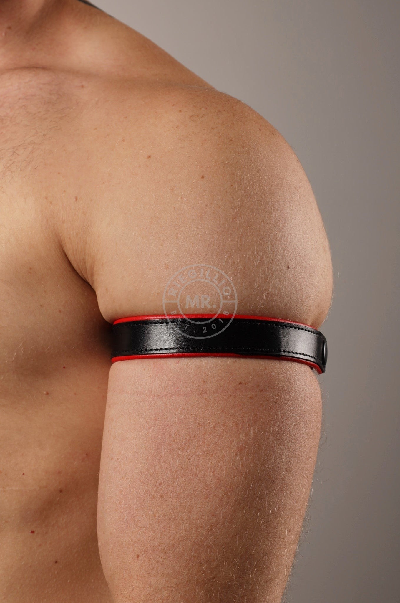 Black Leather Bicep Armband - Snap - Red at MR. Riegillio