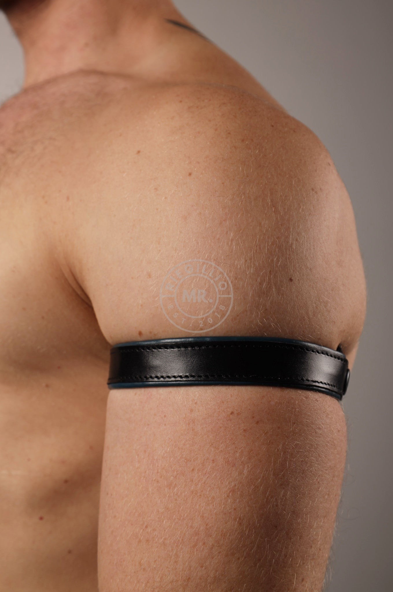 Black Leather Bicep Armband - Snap - Jeans Blue at MR. Riegillio