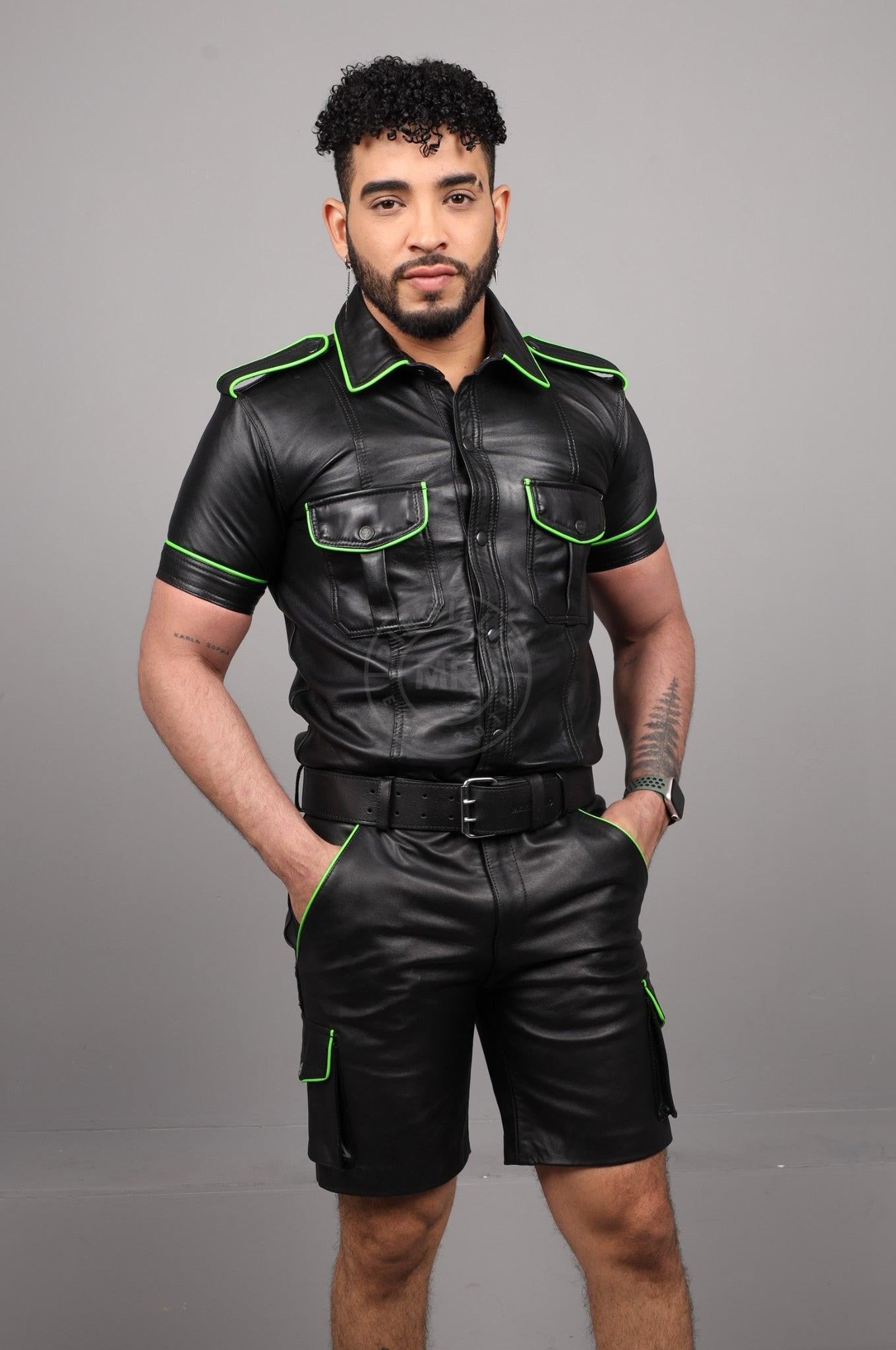 Black Leather Cargo Short - Neon Green Piping at MR. Riegillio