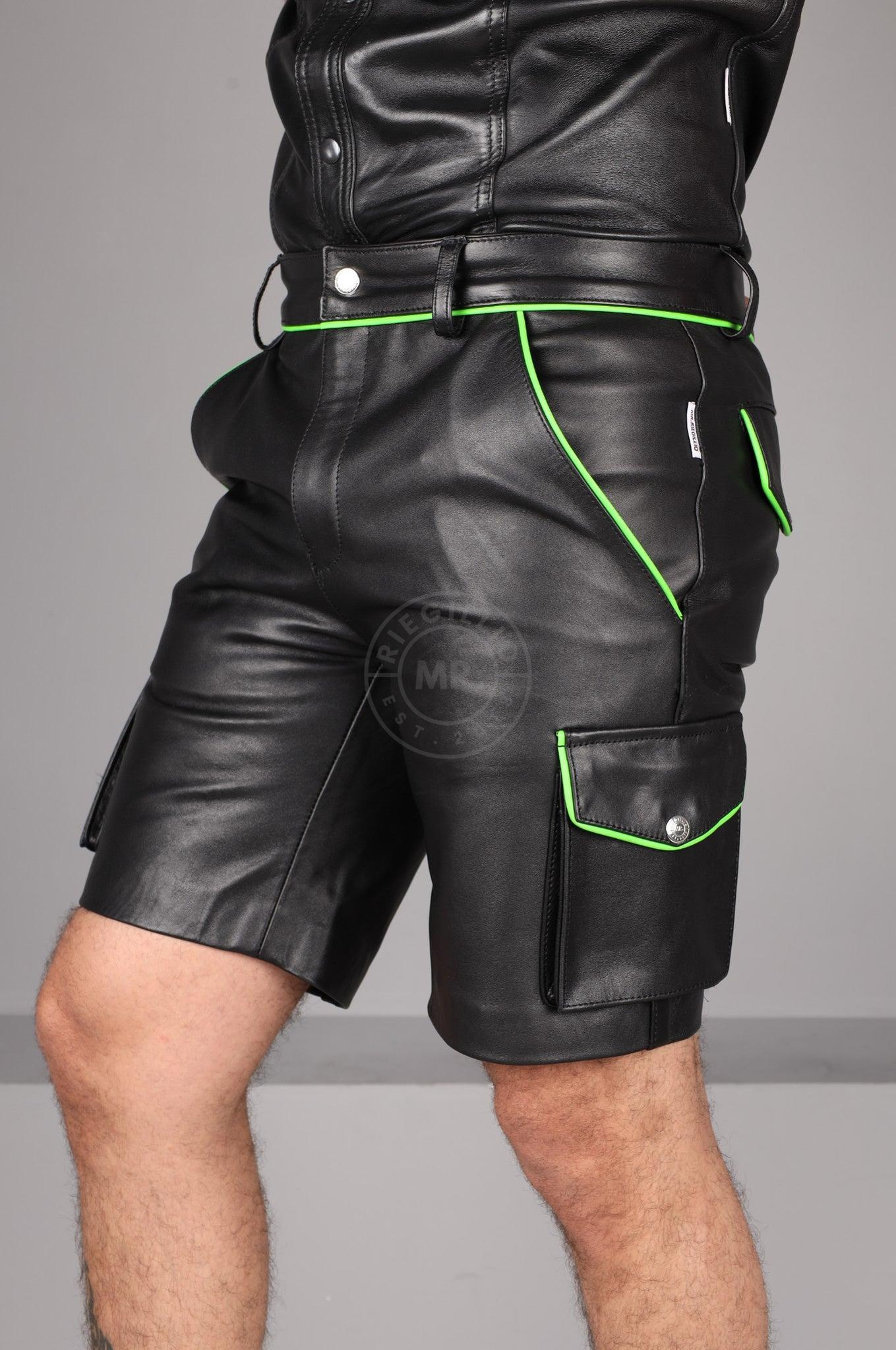 Black Leather Cargo Short - Neon Green Piping at MR. Riegillio