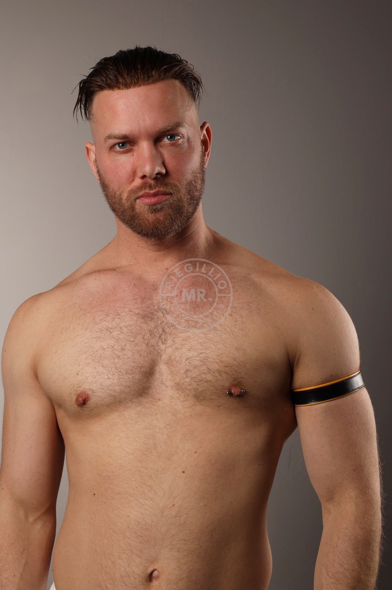 Black Leather Bicep Armband - Snap - Yellow at MR. Riegillio