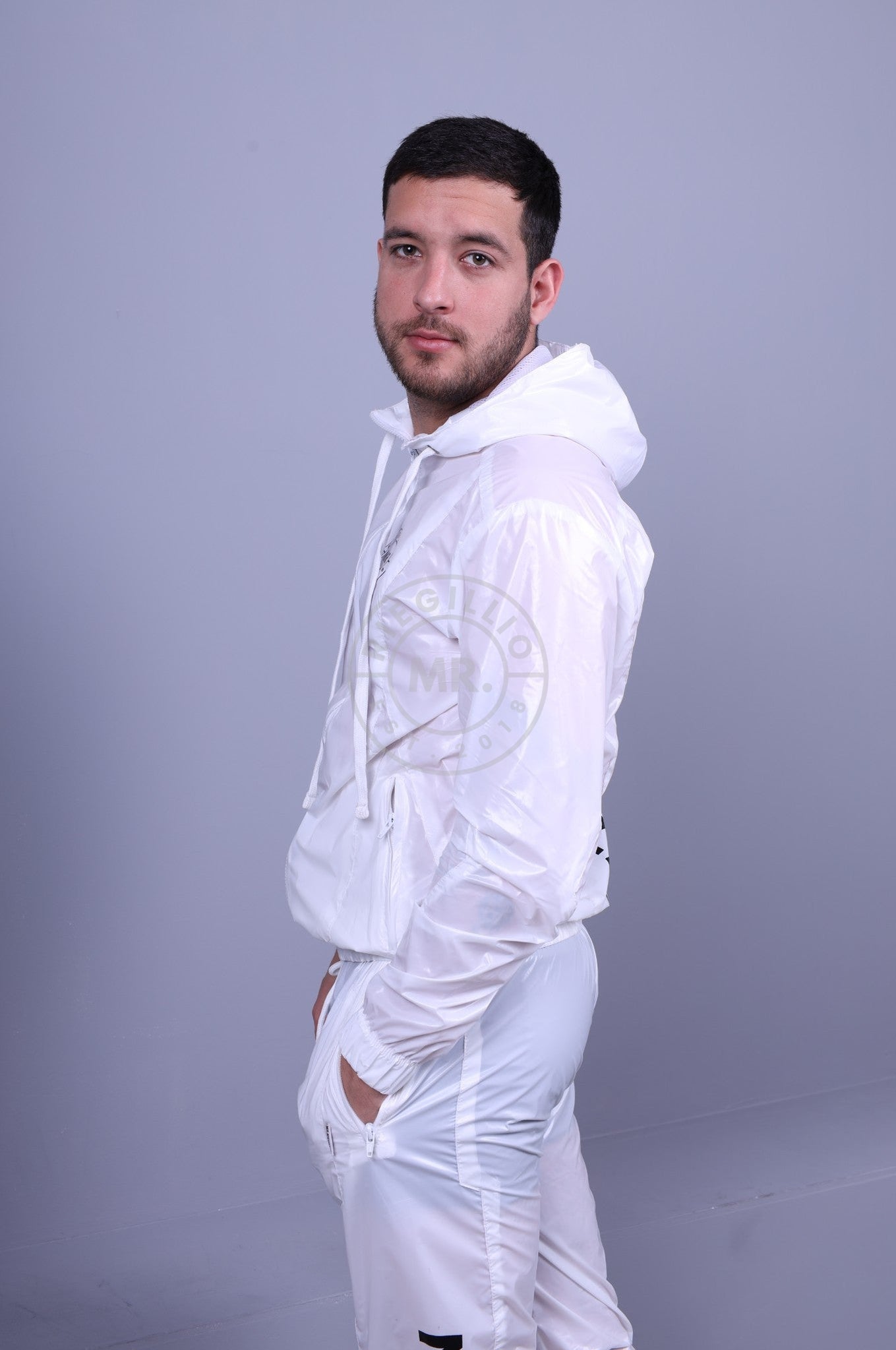 Shiny Nylon Tracksuit Jacket - White at MR. Riegillio