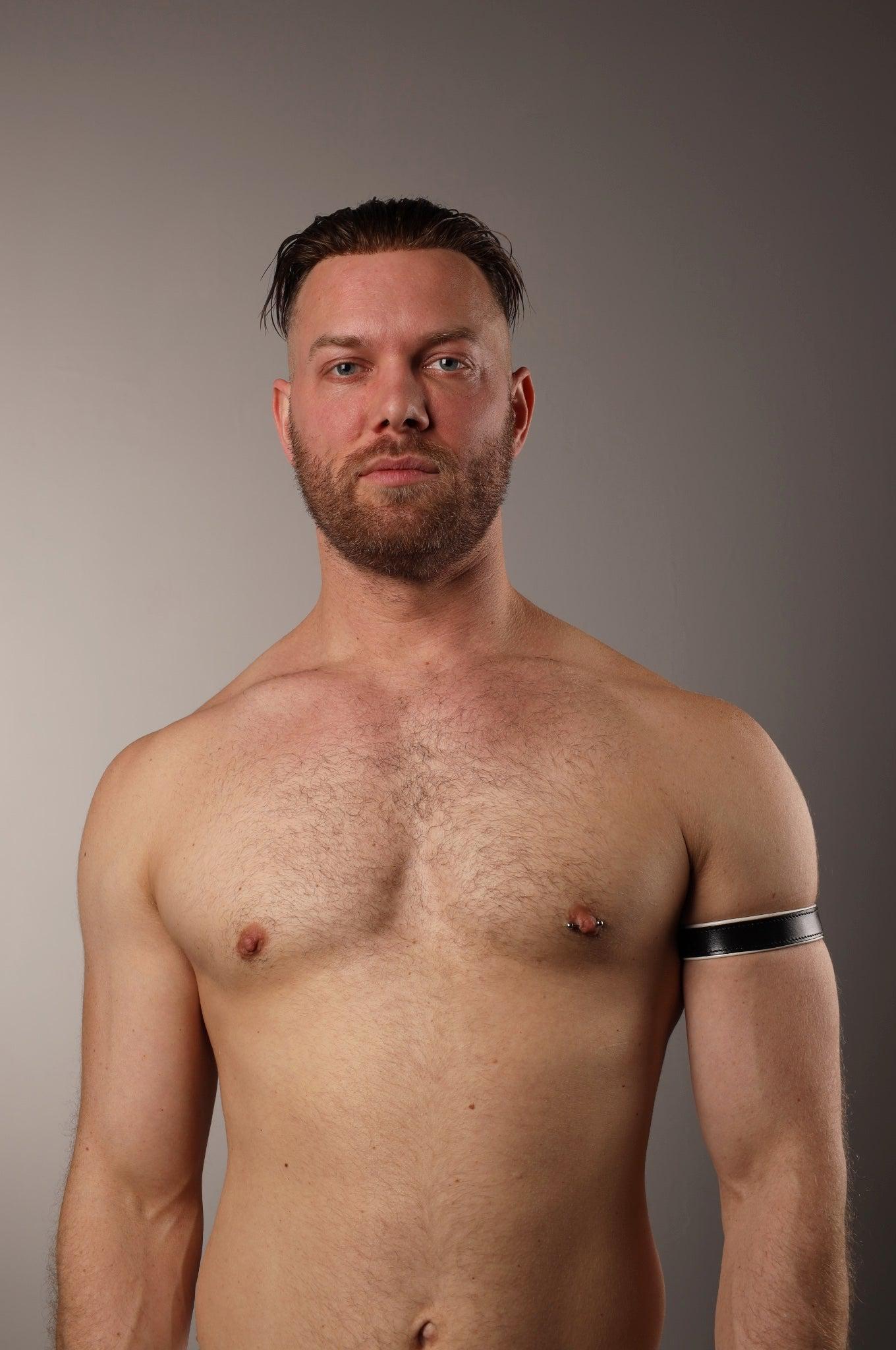Black Leather Bicep Armband - Snap - White at MR. Riegillio
