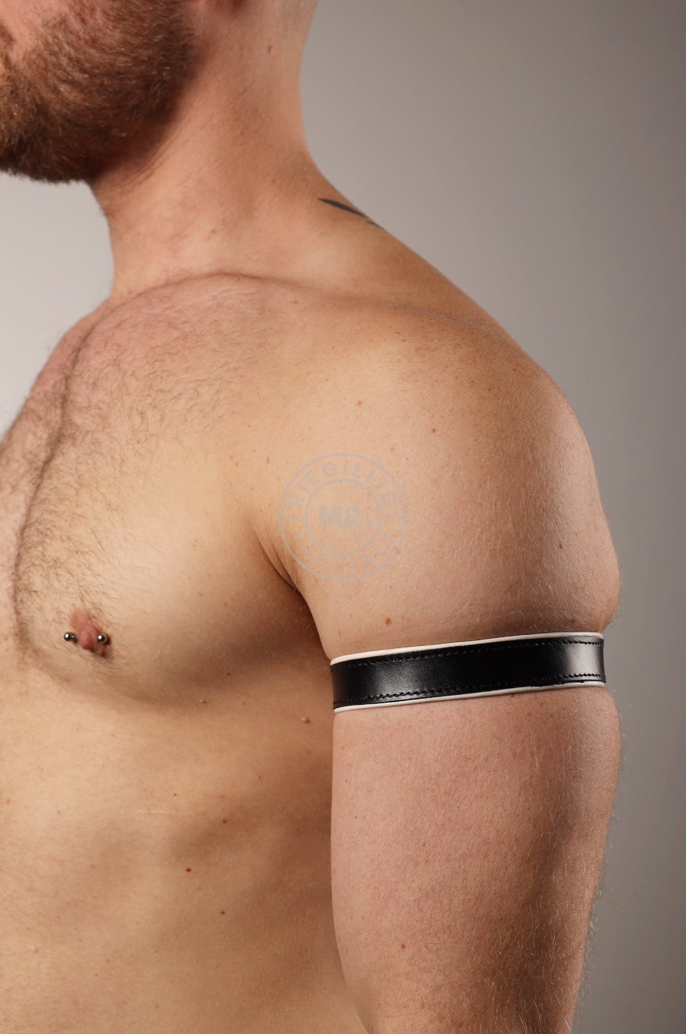 Black Leather Bicep Armband - Snap - White at MR. Riegillio