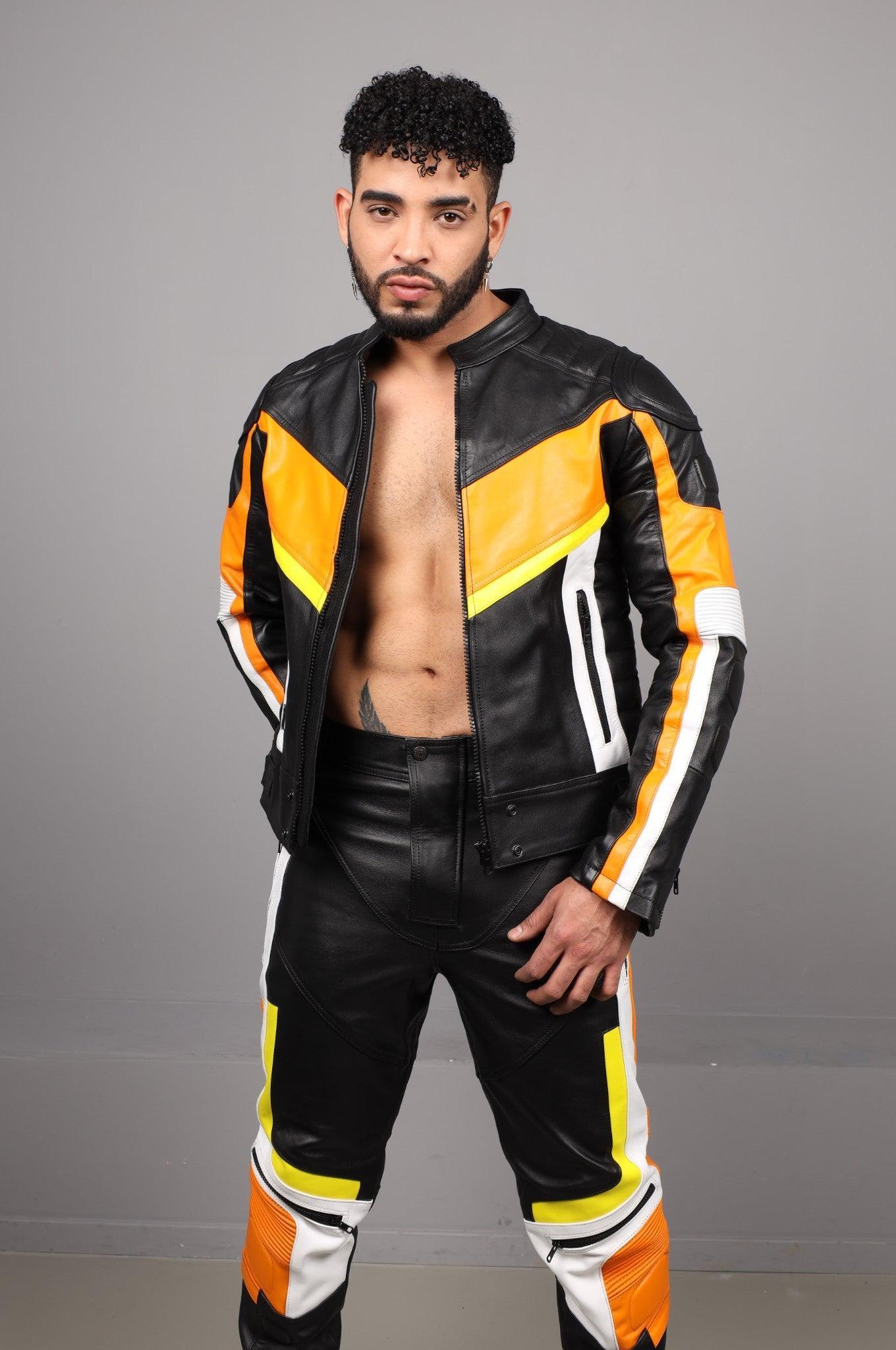 Leather Motorcycle Jacket - Multi - Orange at MR. Riegillio