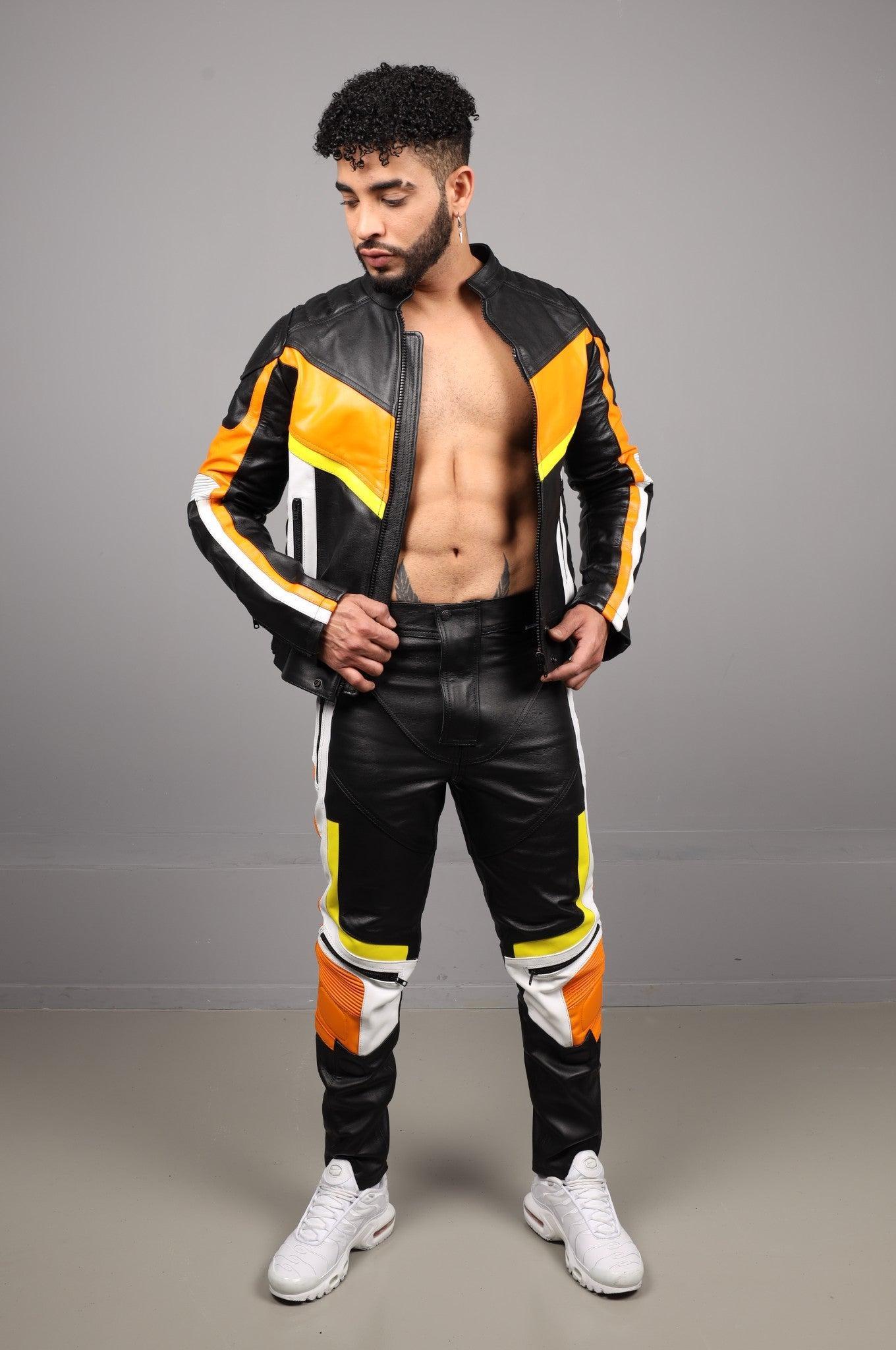 Leather Motorcycle Jacket - Multi - Orange at MR. Riegillio