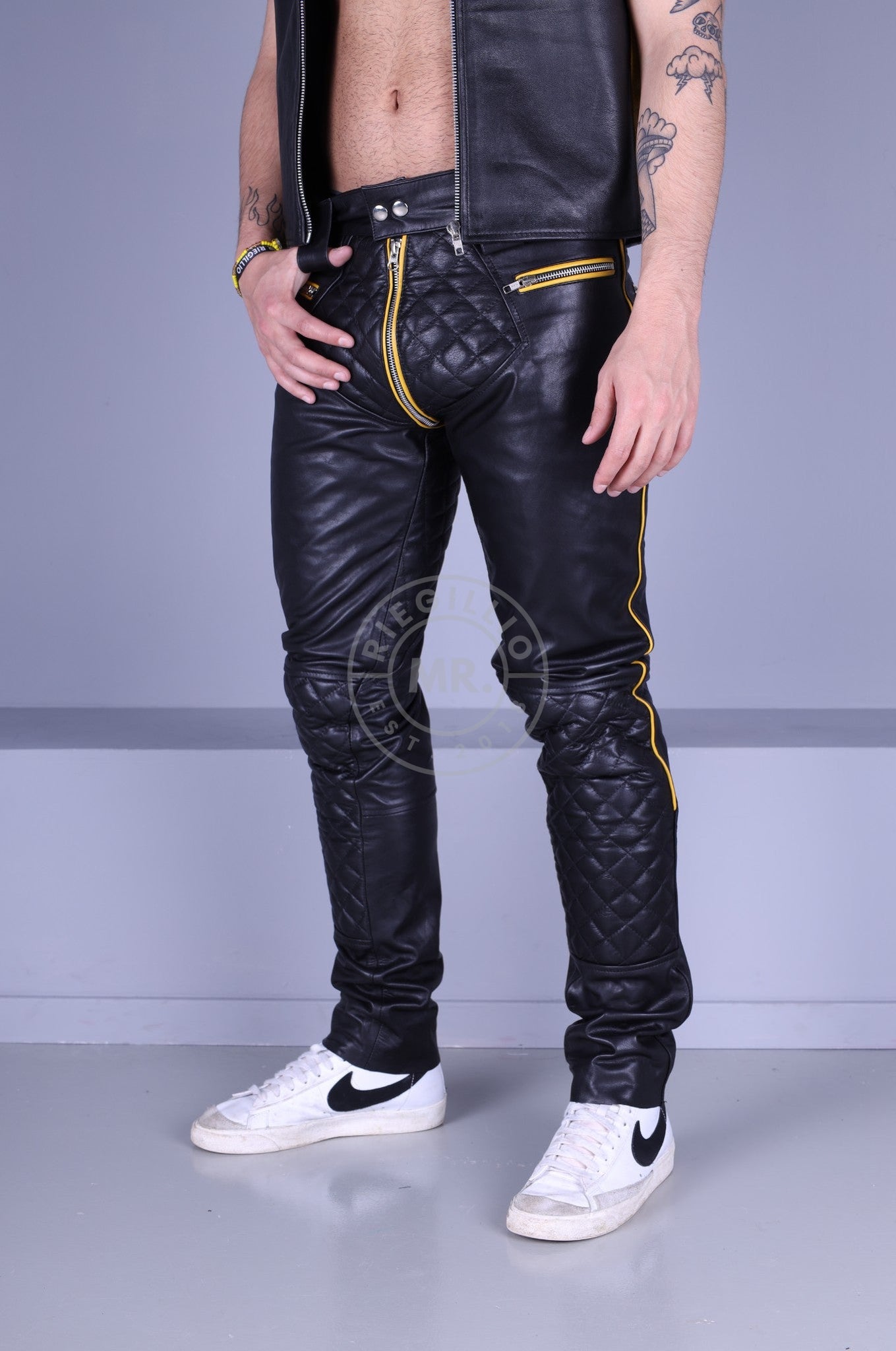 Padded Leather Pants - Yellow Piping by MR. Riegillio