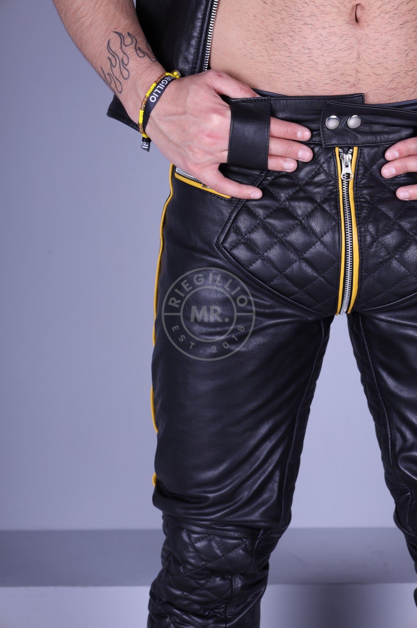 Padded Leather Pants - Yellow Piping at MR. Riegillio