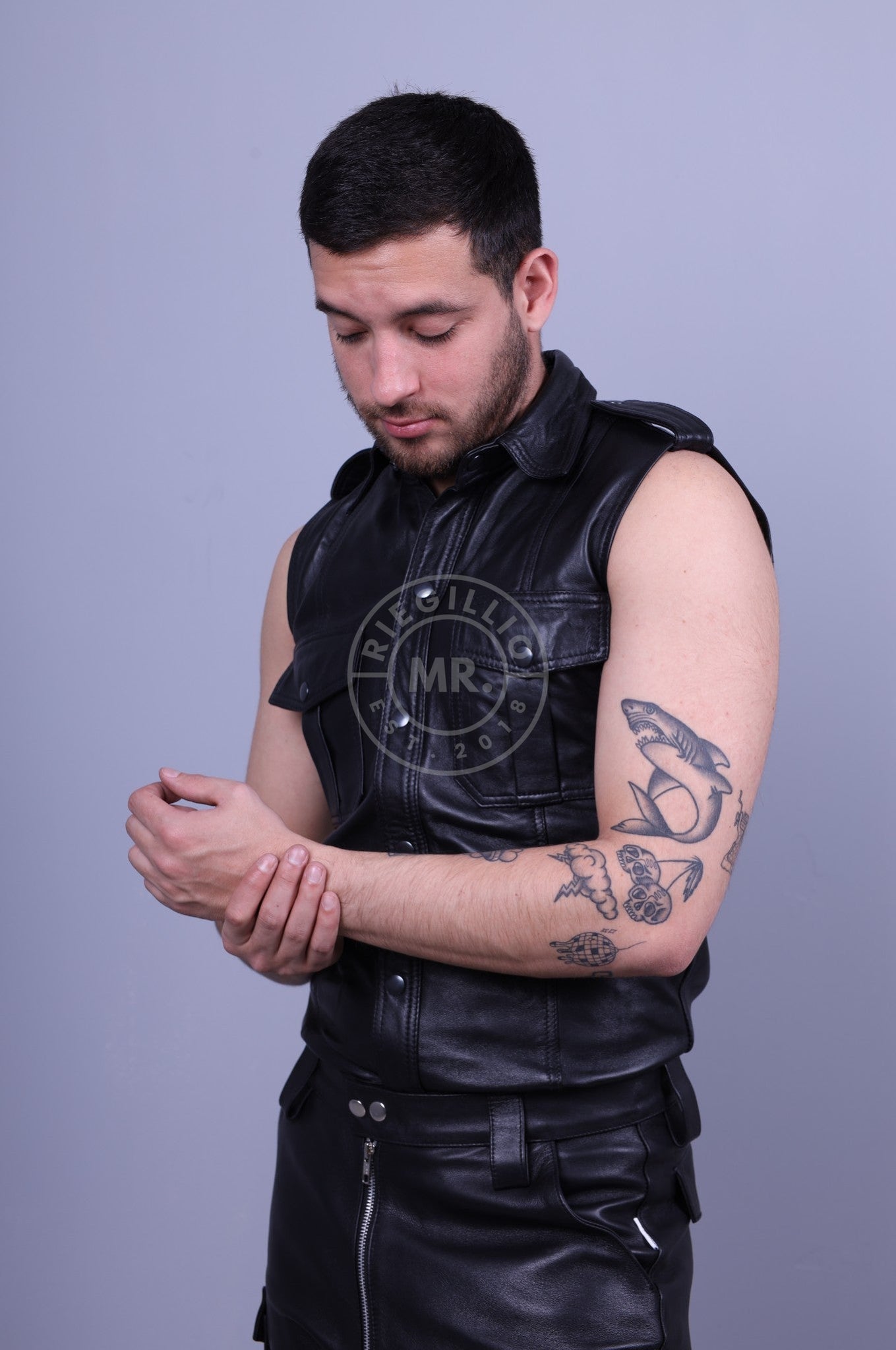Black Leather Shirt - Sleeveless at MR. Riegillio