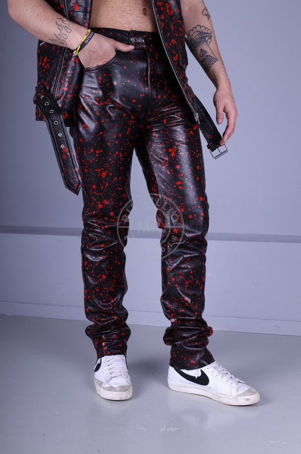 Black Leather Splashed Pants - Red at MR. Riegillio