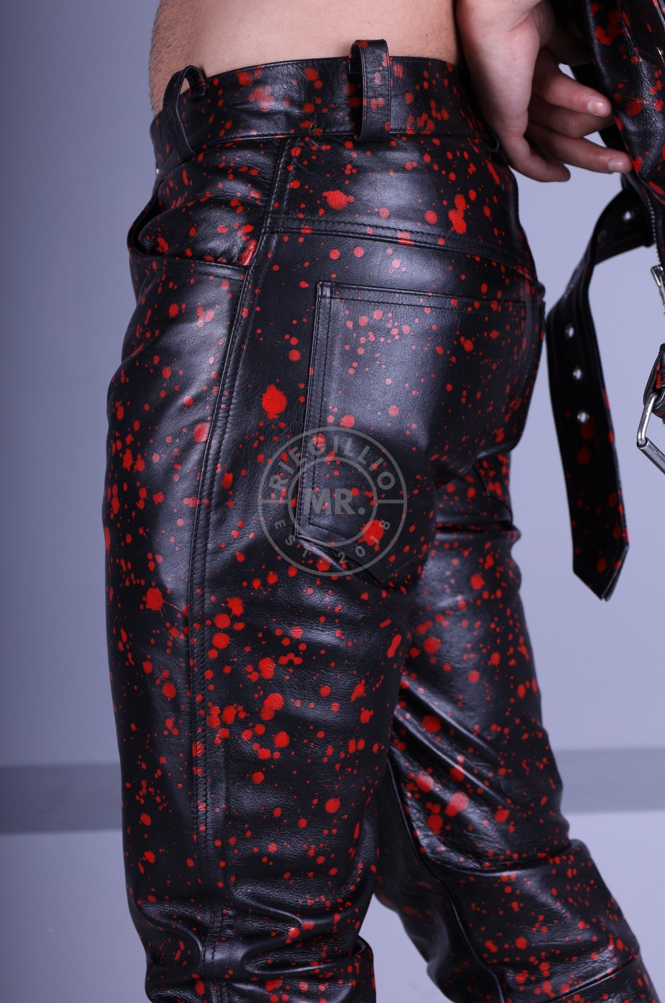 Black Leather Splashed Pants - Red at MR. Riegillio
