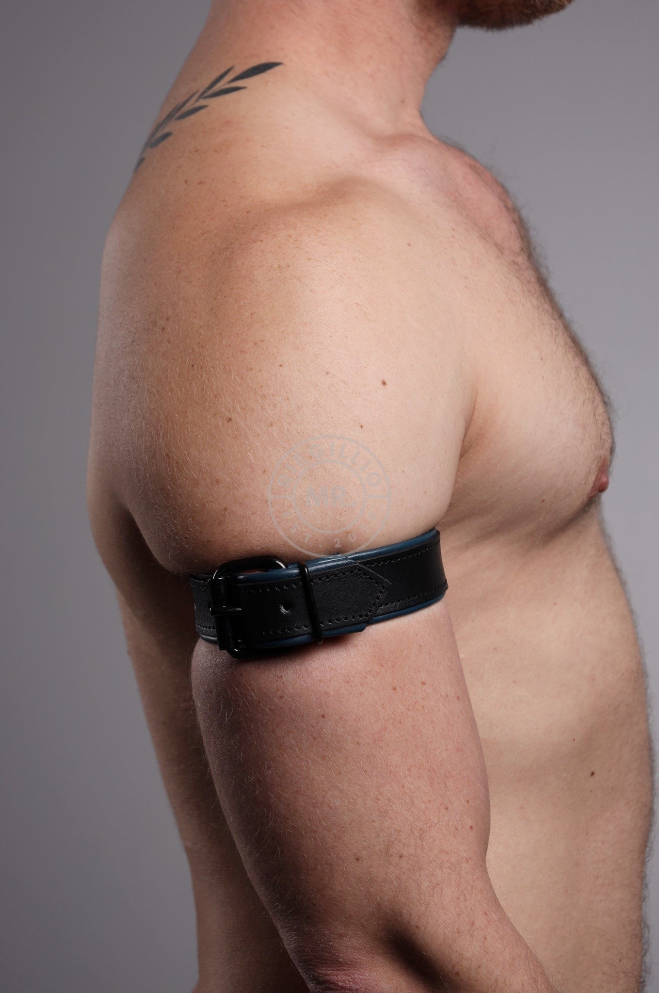 Black Leather Bicep Armband - Buckle - Jeans Blue at MR. Riegillio