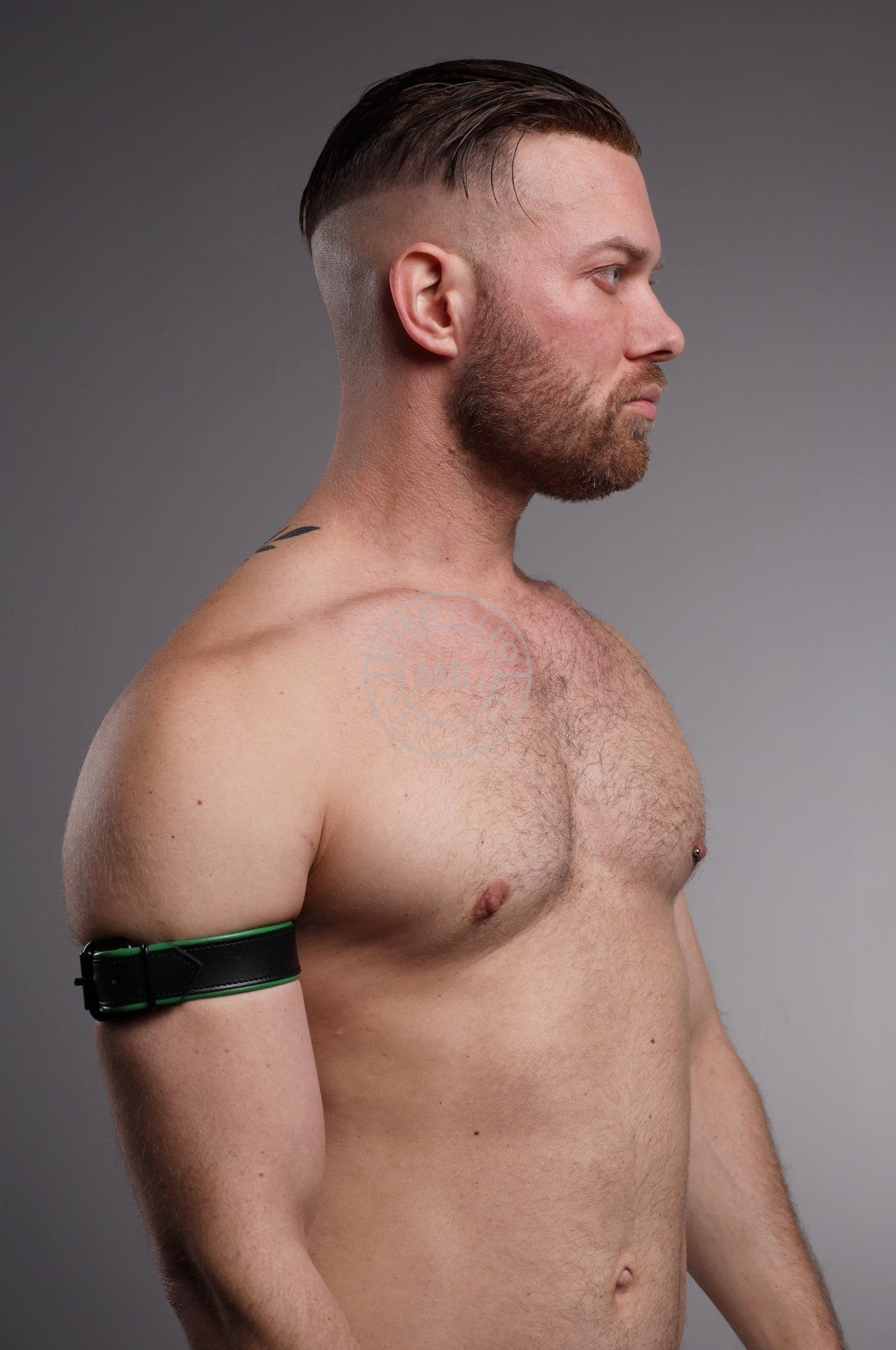 Black Leather Bicep Armband - Buckle - Parrot Green at MR. Riegillio