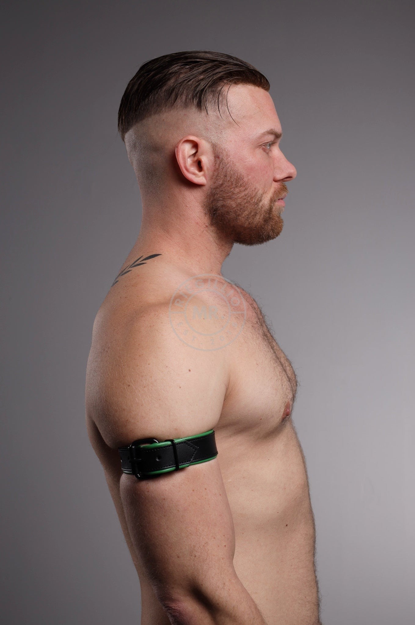 Black Leather Bicep Armband - Buckle - Parrot Green at MR. Riegillio