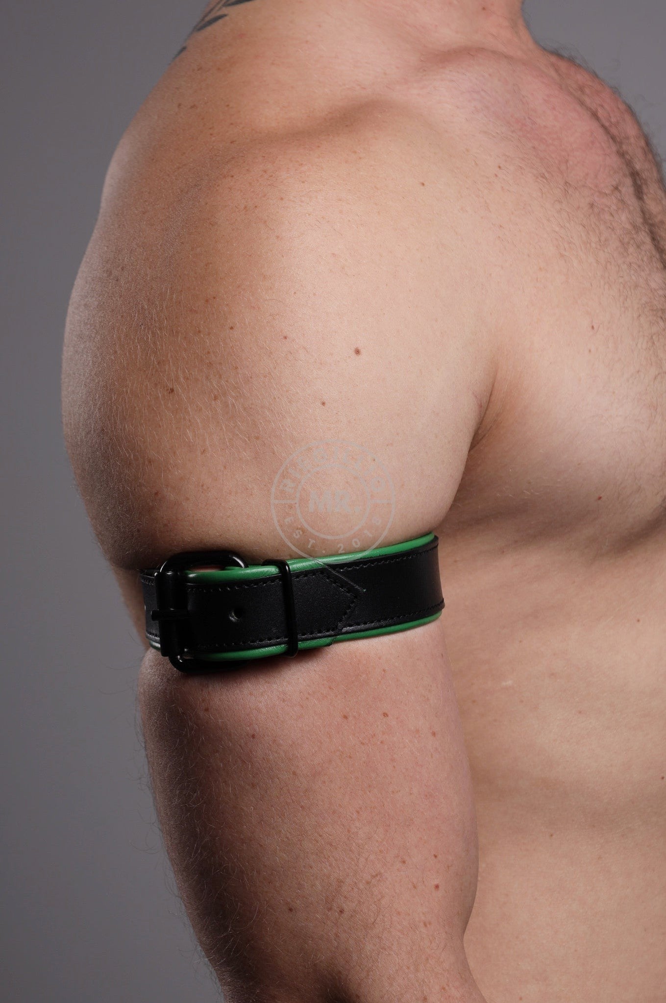 Black Leather Bicep Armband - Buckle - Parrot Green at MR. Riegillio