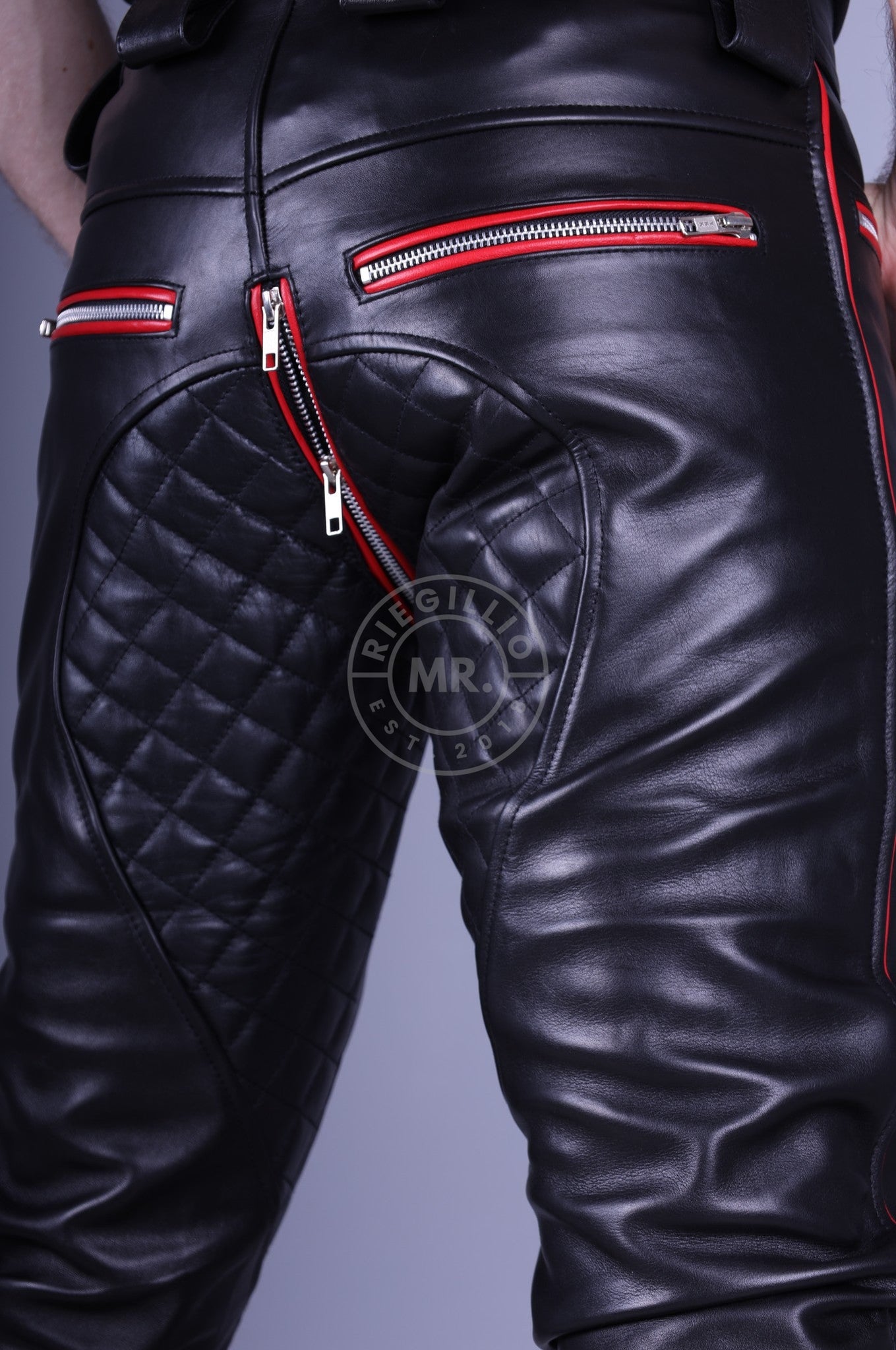 Padded Leather Pants - Red Piping at MR. Riegillio